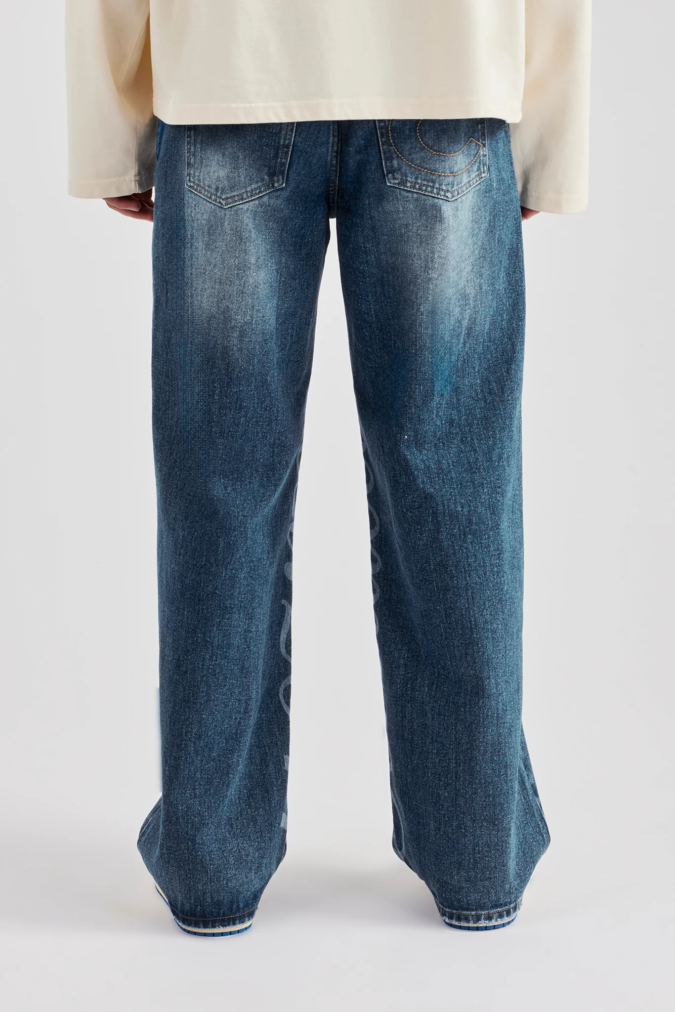 Baggy Fit Laser Print Jeans - Mid Blue - Image 4