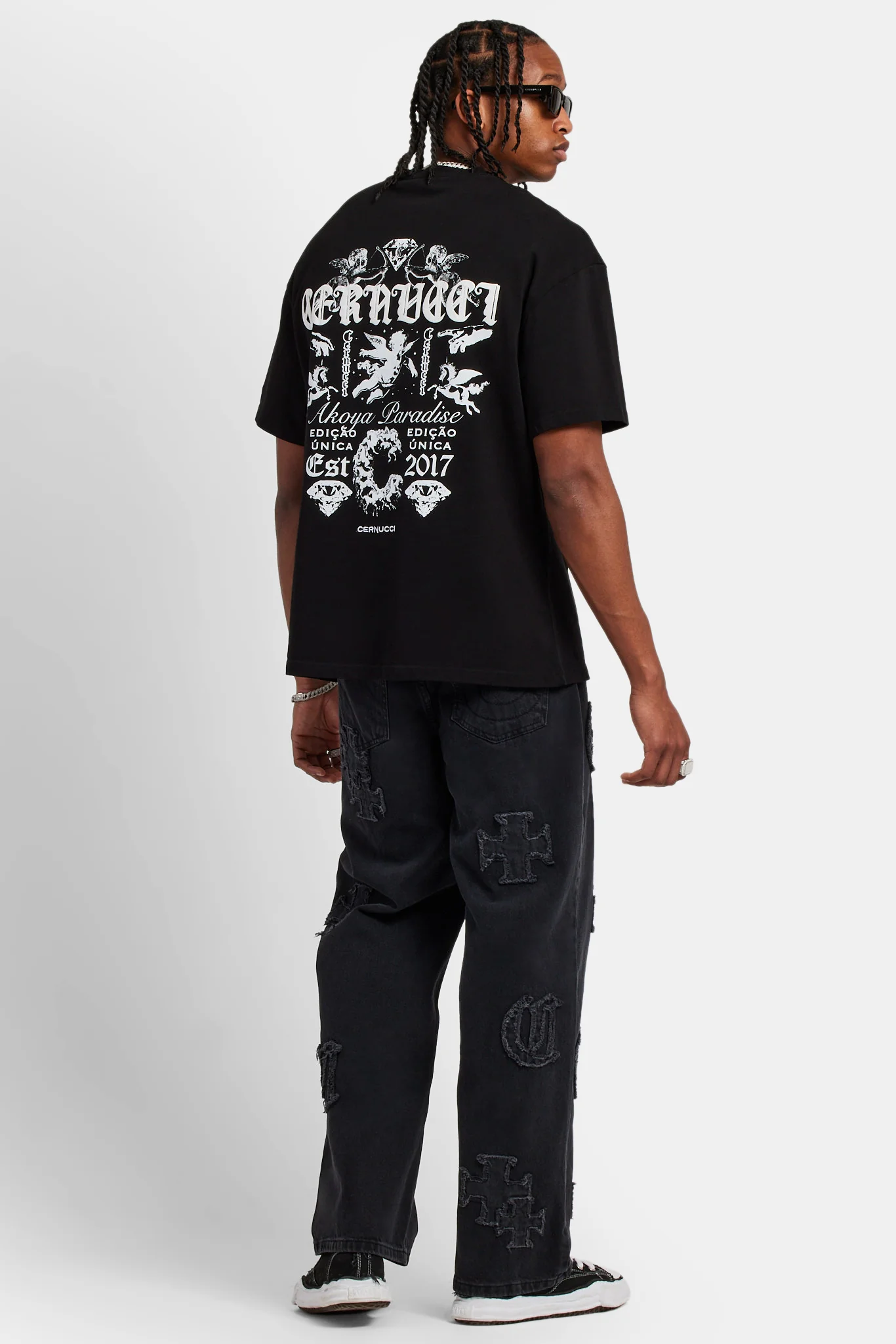 Baggy Raw Edge Applique Jeans - Washed Black - Image 4