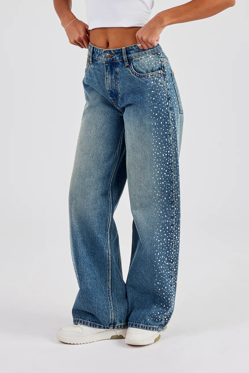 Baggy Rhinestone Side Detail Jeans - Antique Wash - Image 2