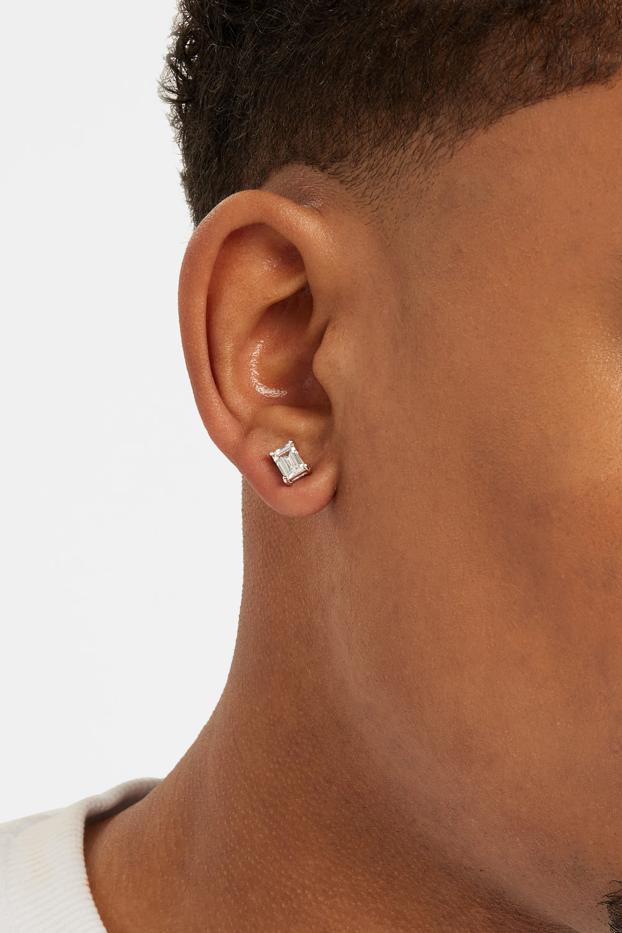 Baguette Stone Stud Earrings - 6mm - White - Image 2