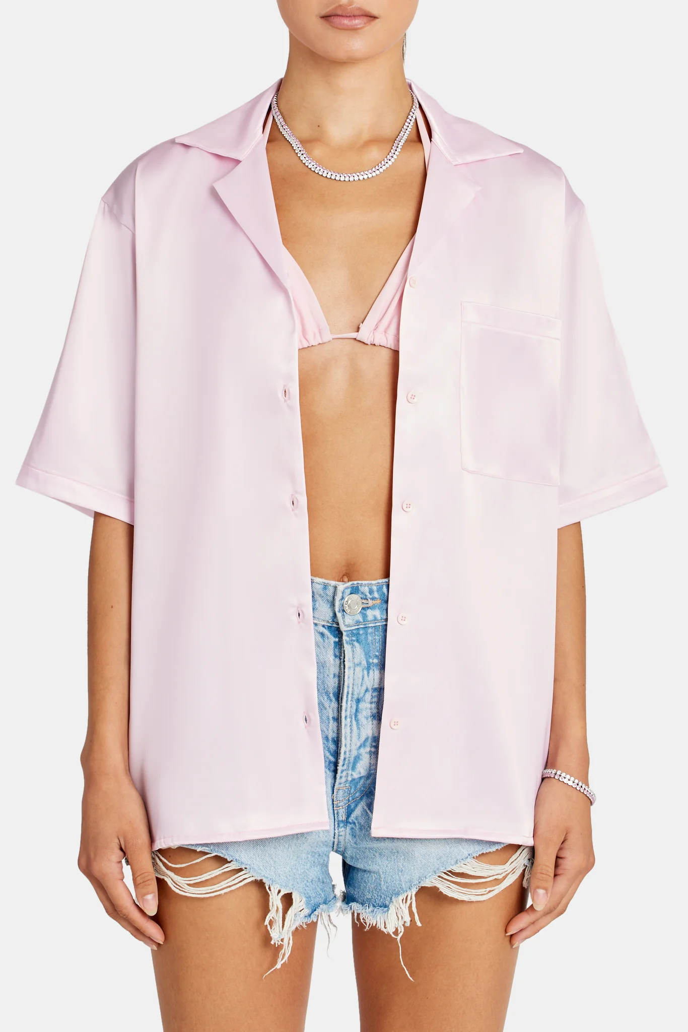 Beach Hut Graphic Satin Shirt  - Light Pink - Image 2