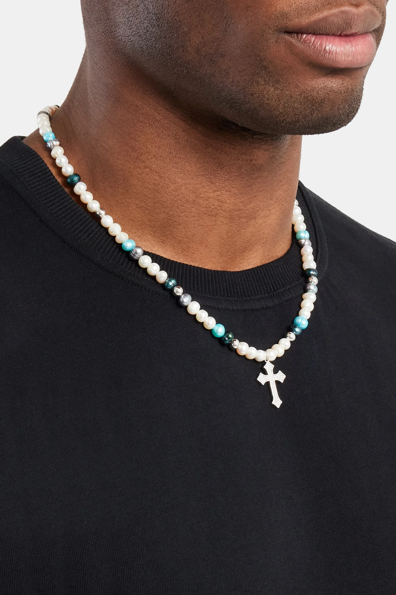 Blue Bead & Cross Freshwater Pearl Necklace - Image 3