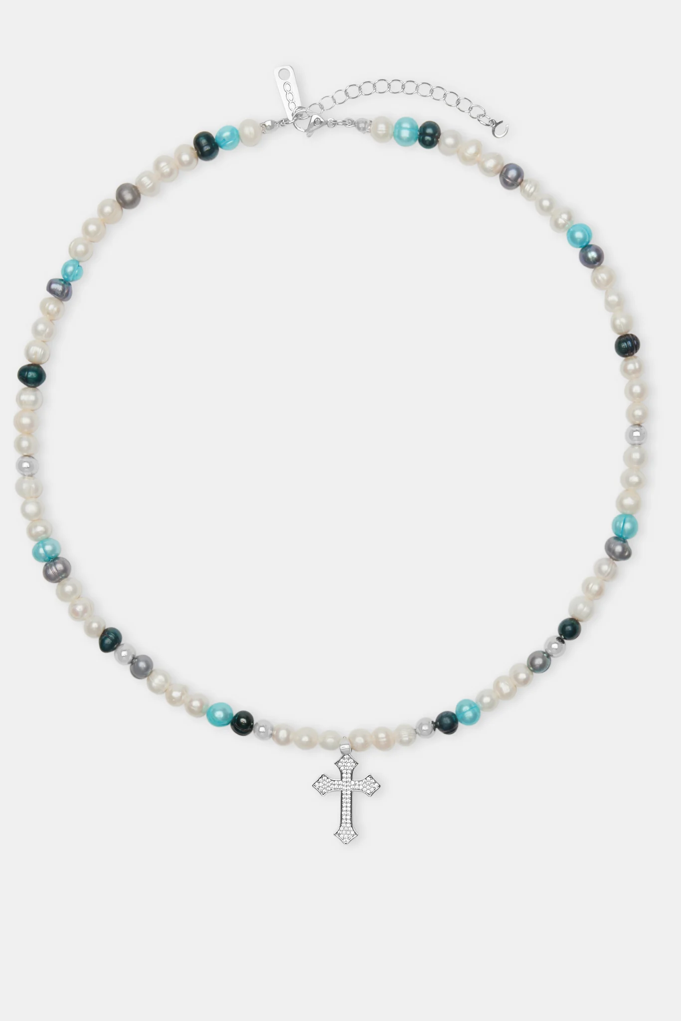 Blue Bead & Cross Freshwater Pearl Necklace - Image 4