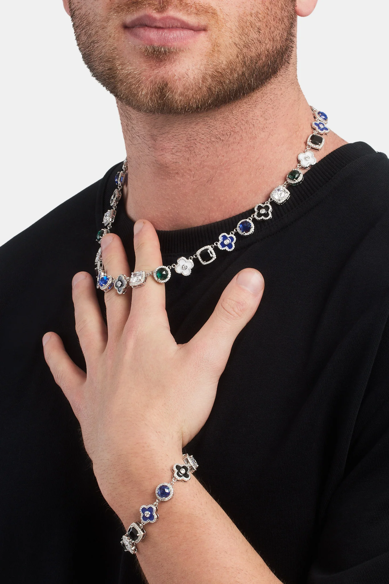 Blue Multi Gem + Motif Chain & Bracelet - White - 10mm - Image 2