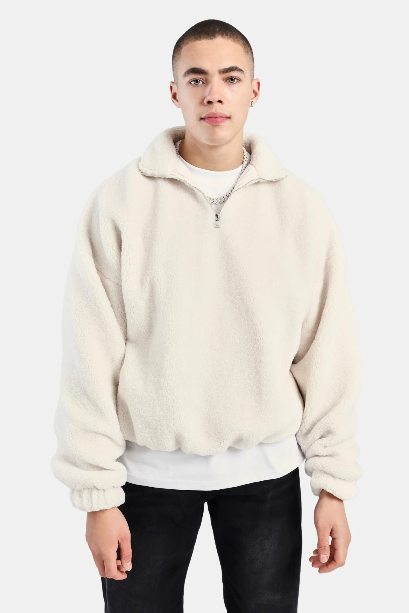 Borg Half Zip Sweatshirt - Off White - Image 5