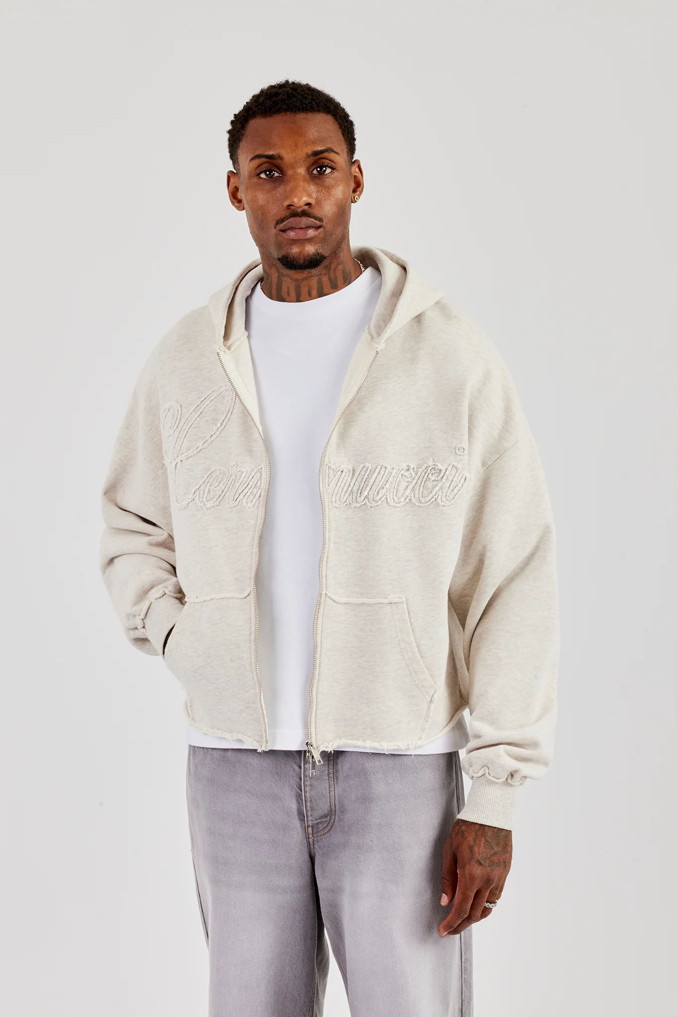 Boxy Applique Zip Hoodie - Ash Grey - Image 2
