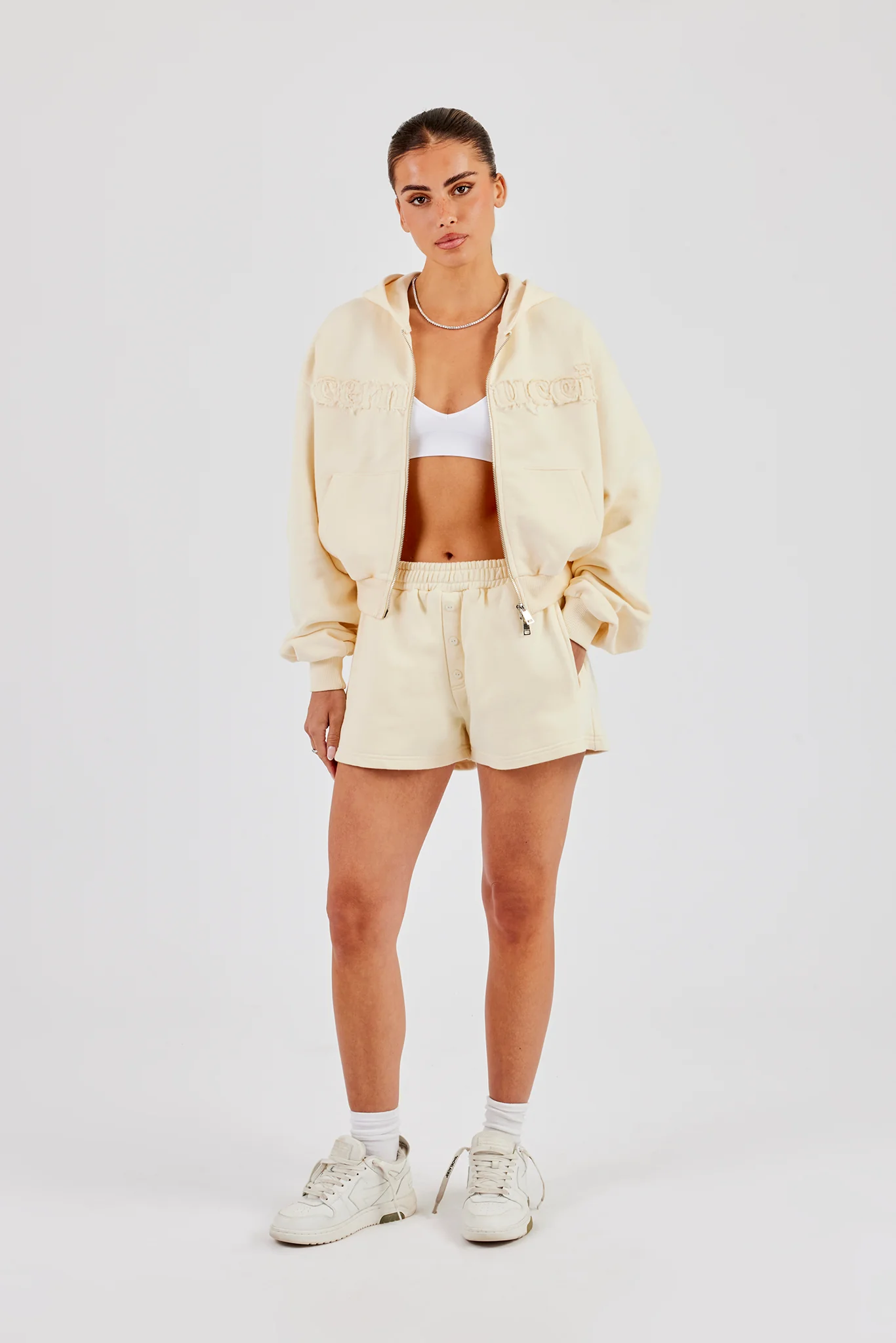 Boxy Cropped Applique Logo Zip Hoodie - Butter Yellow - Image 3