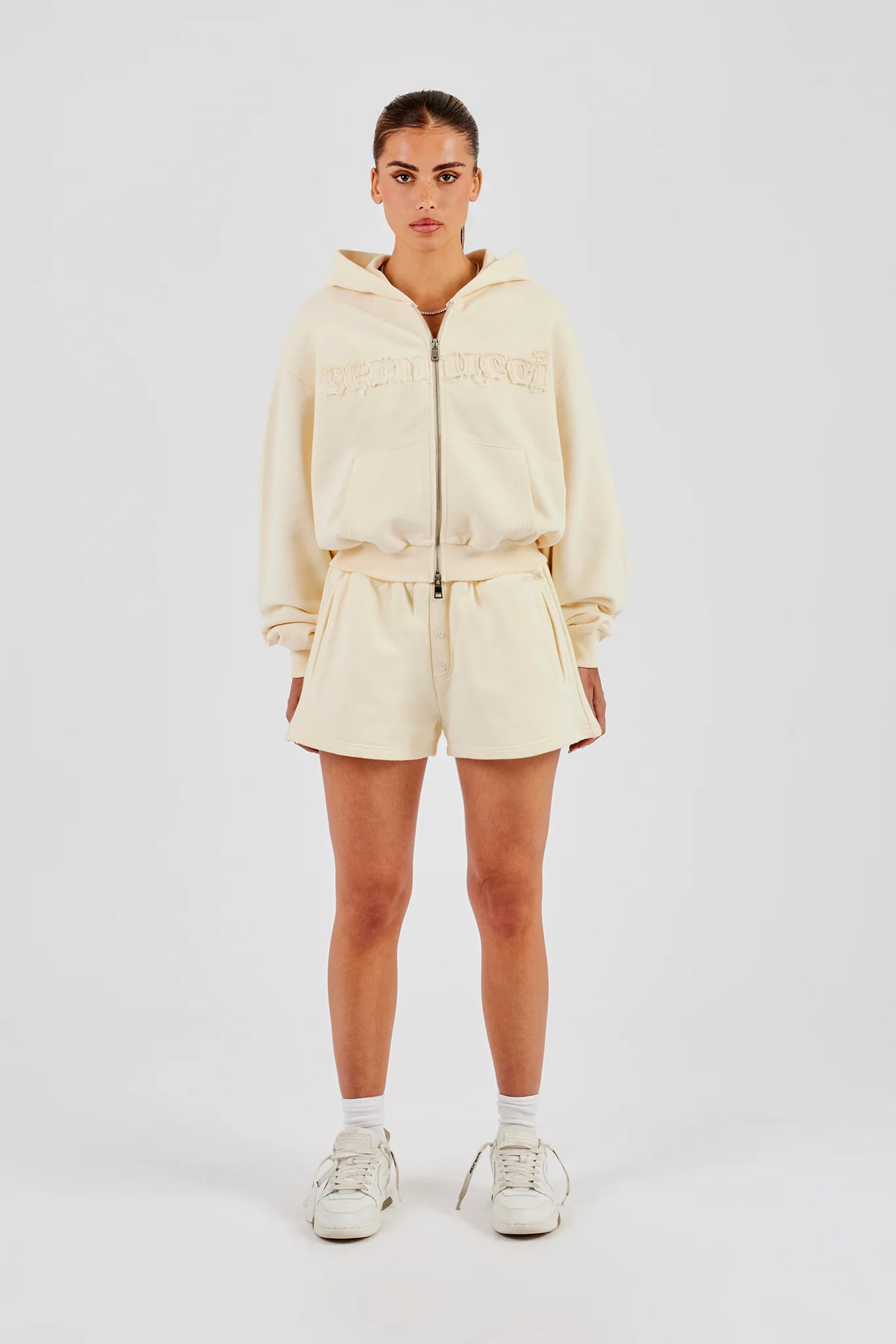 Boxy Cropped Applique Logo Zip Hoodie - Butter Yellow - Image 5