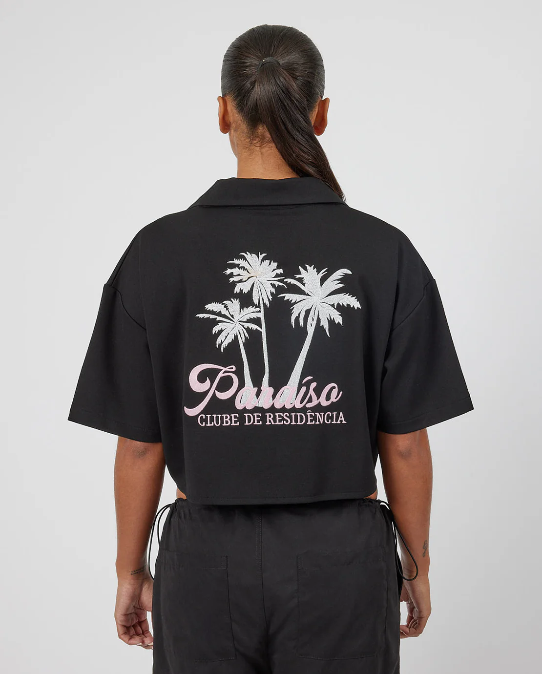 Boxy Cropped Paradise Bowling Shirt - Black - Image 3