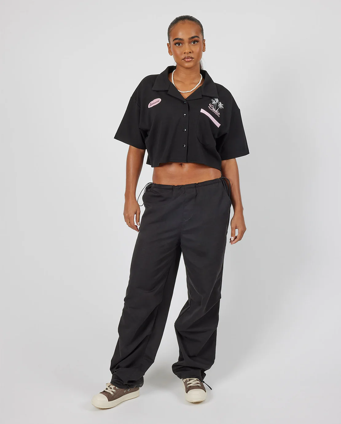 Boxy Cropped Paradise Bowling Shirt - Black - Image 4