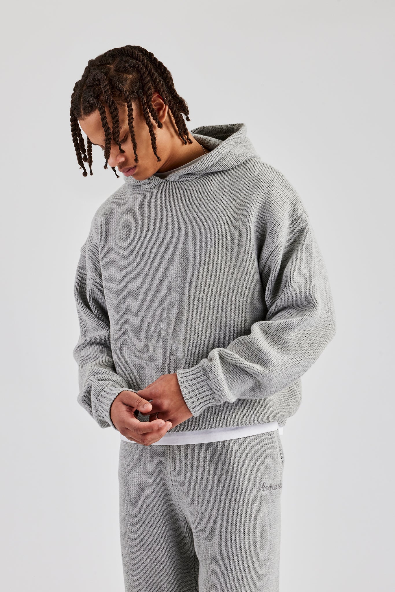 Boxy Knitted Embroidered Hoodie - Grey - Image 2