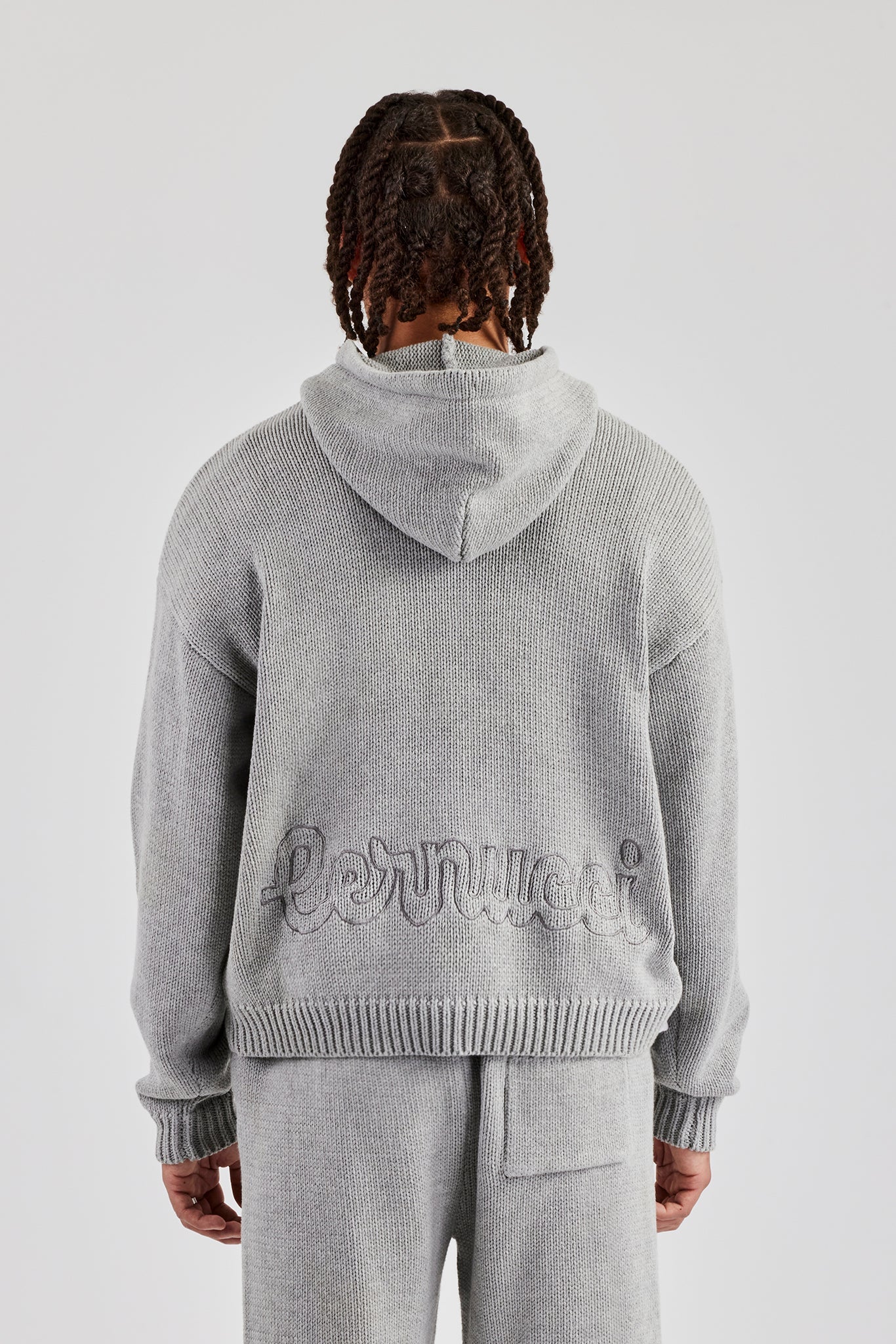 Boxy Knitted Embroidered Hoodie - Grey - Image 3