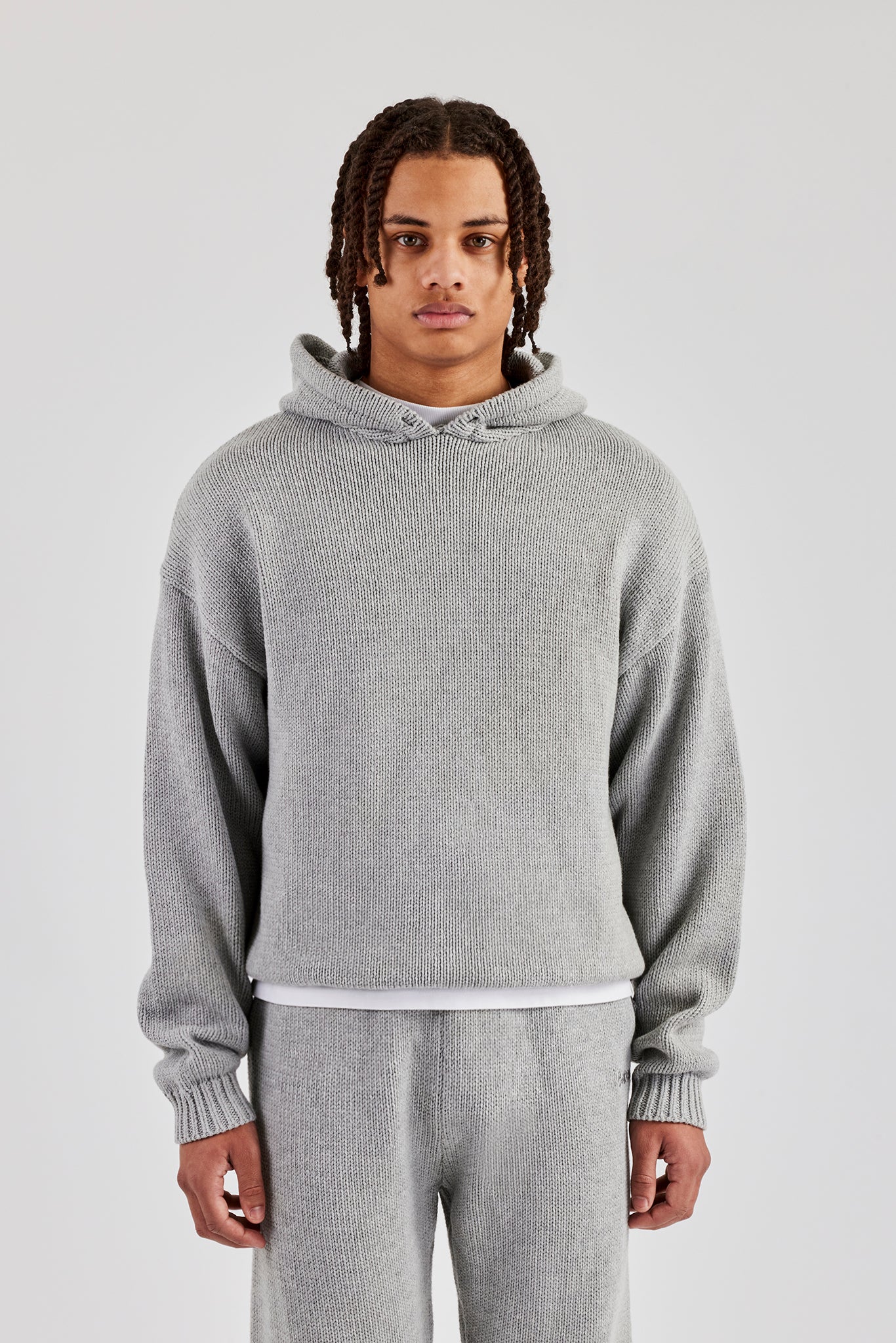 Boxy Knitted Embroidered Hoodie - Grey - Image 9