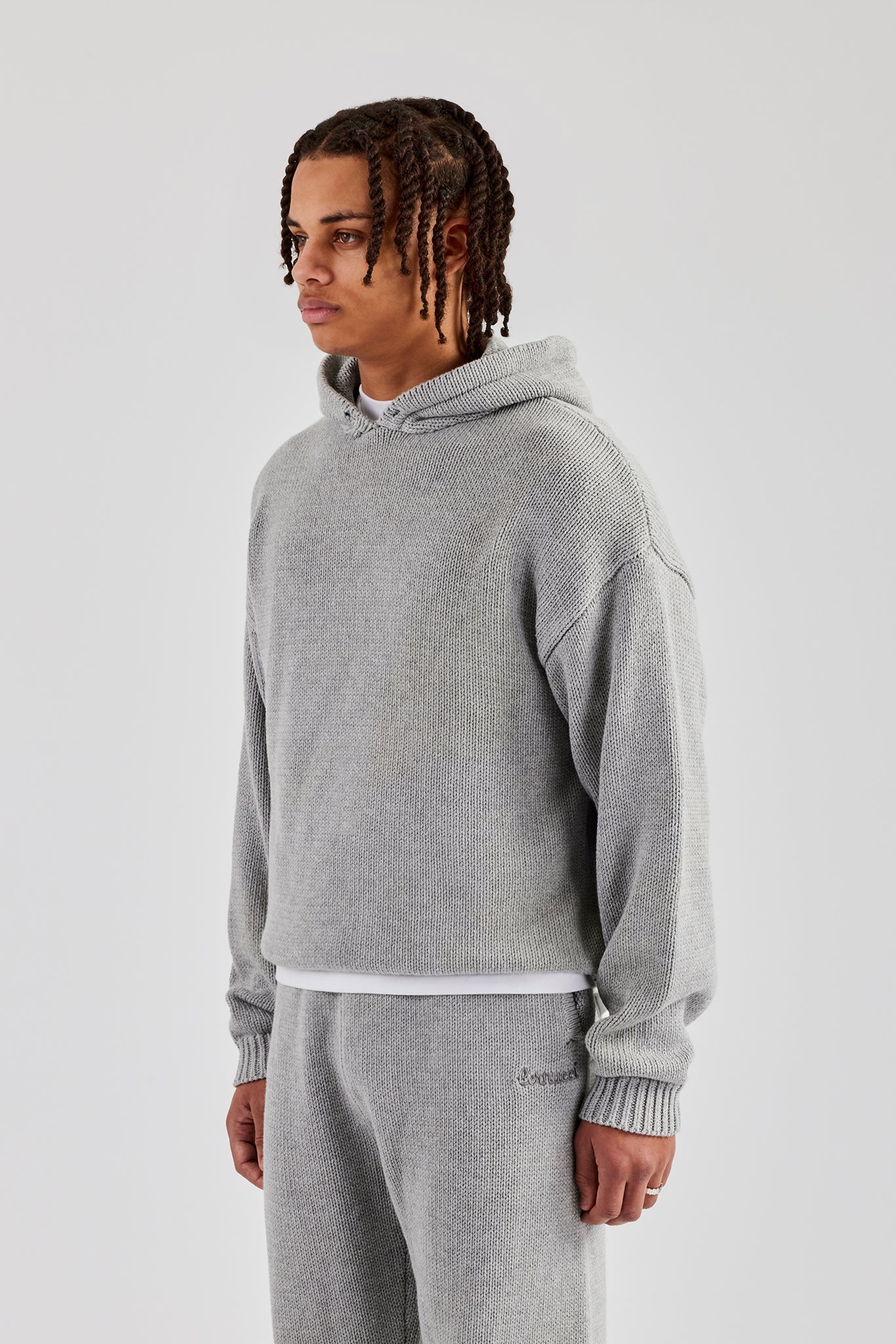 Boxy Knitted Embroidered Hoodie & Straight Leg Jogger - Grey - Image 2