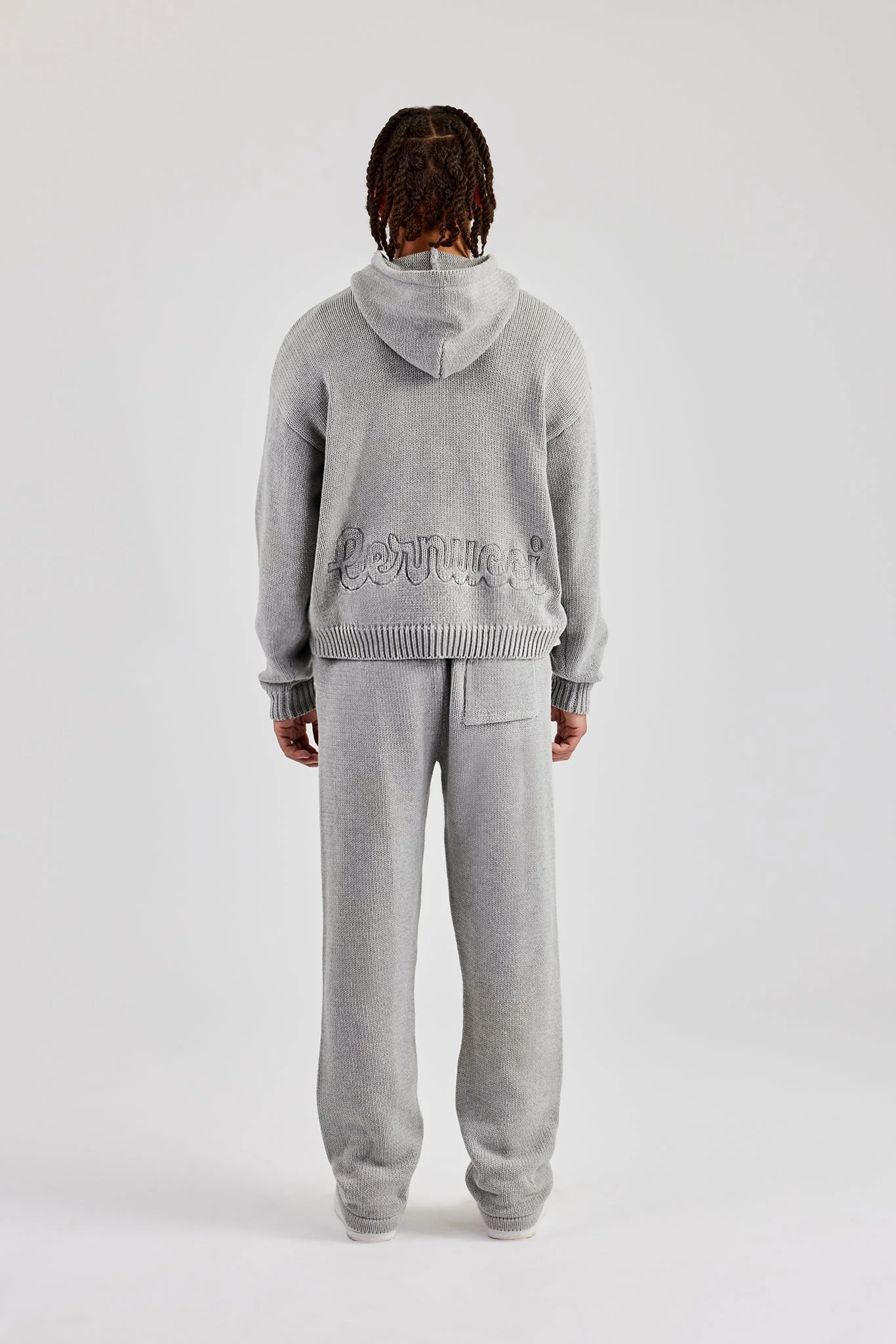 Boxy Knitted Embroidered Hoodie & Straight Leg Jogger - Grey - Image 3