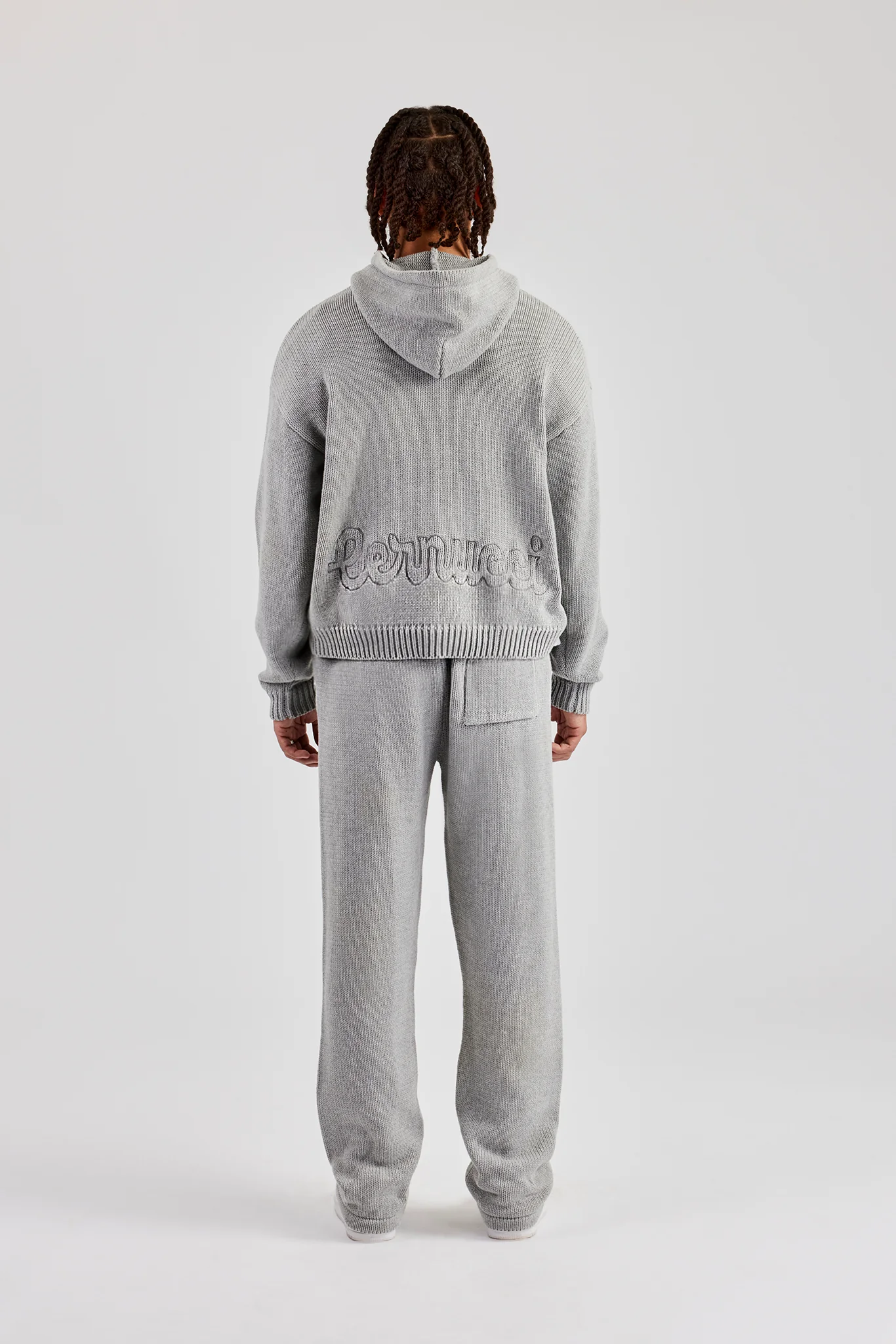 Boxy Knitted Embroidered Hoodie & Straight Leg Jogger - Grey - Image 6