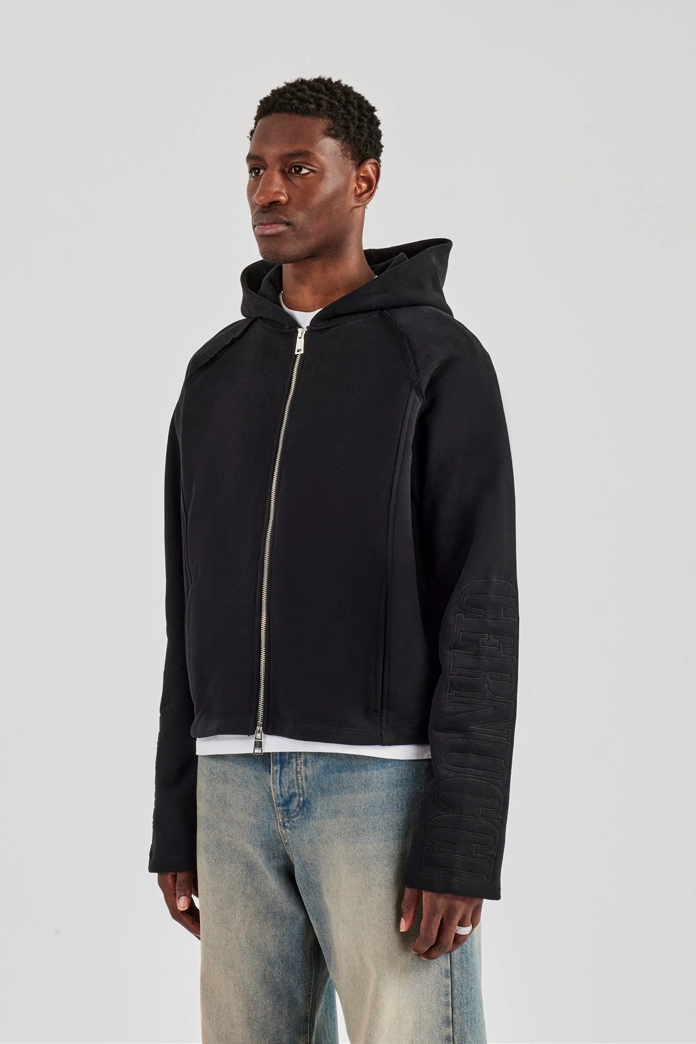 Boxy Raglan Embroidered Zip Through - Black - Image 3