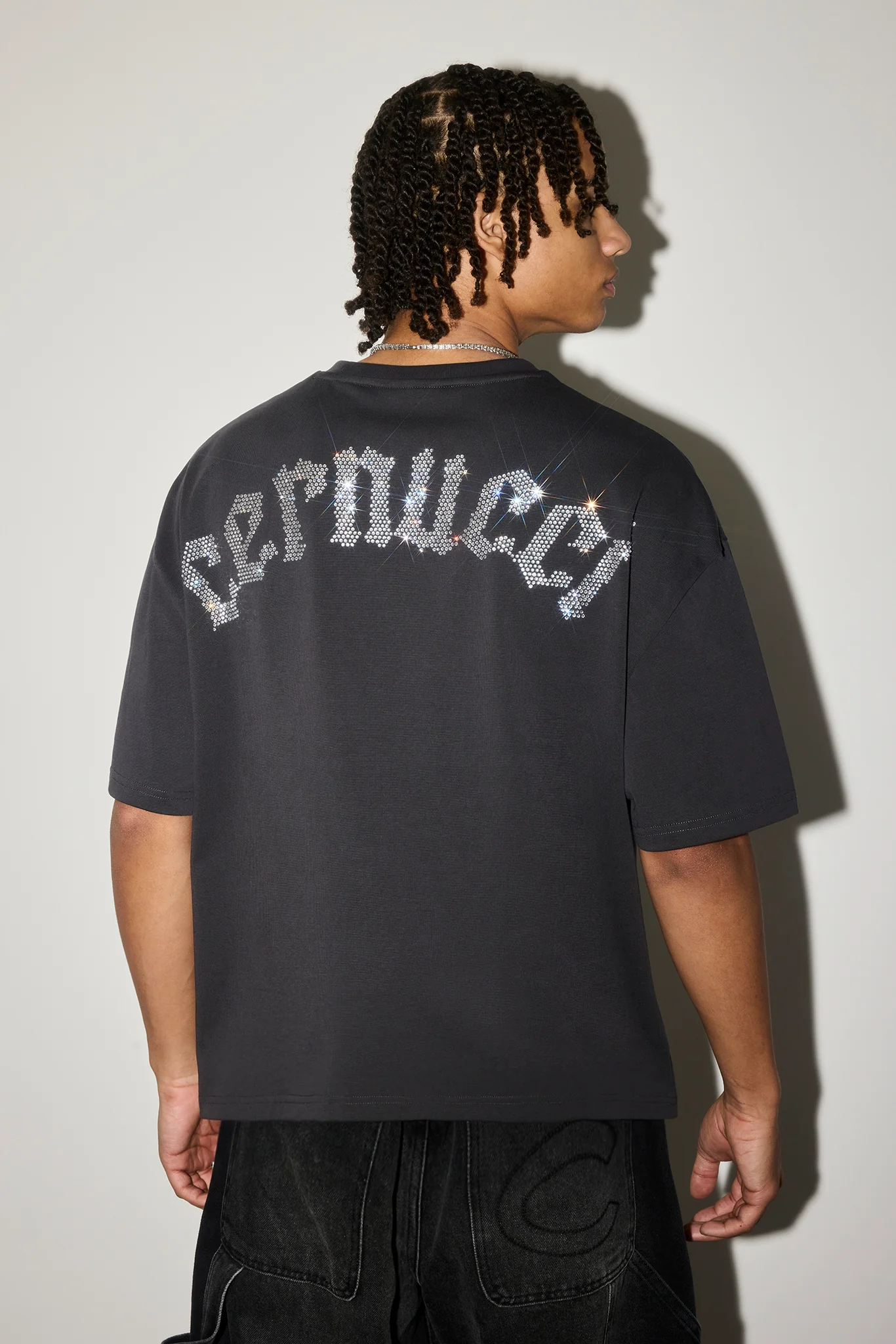 Boxy Rhinestone Logo T-Shirt - Charcoal - Image 2