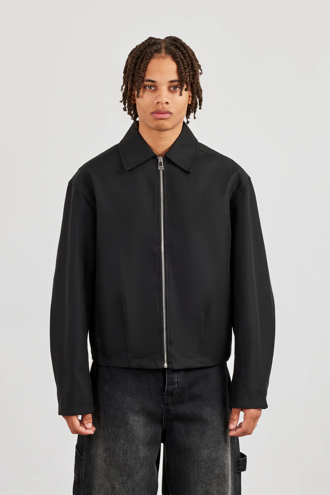 Boxy Twill Harrington Jacket - Black