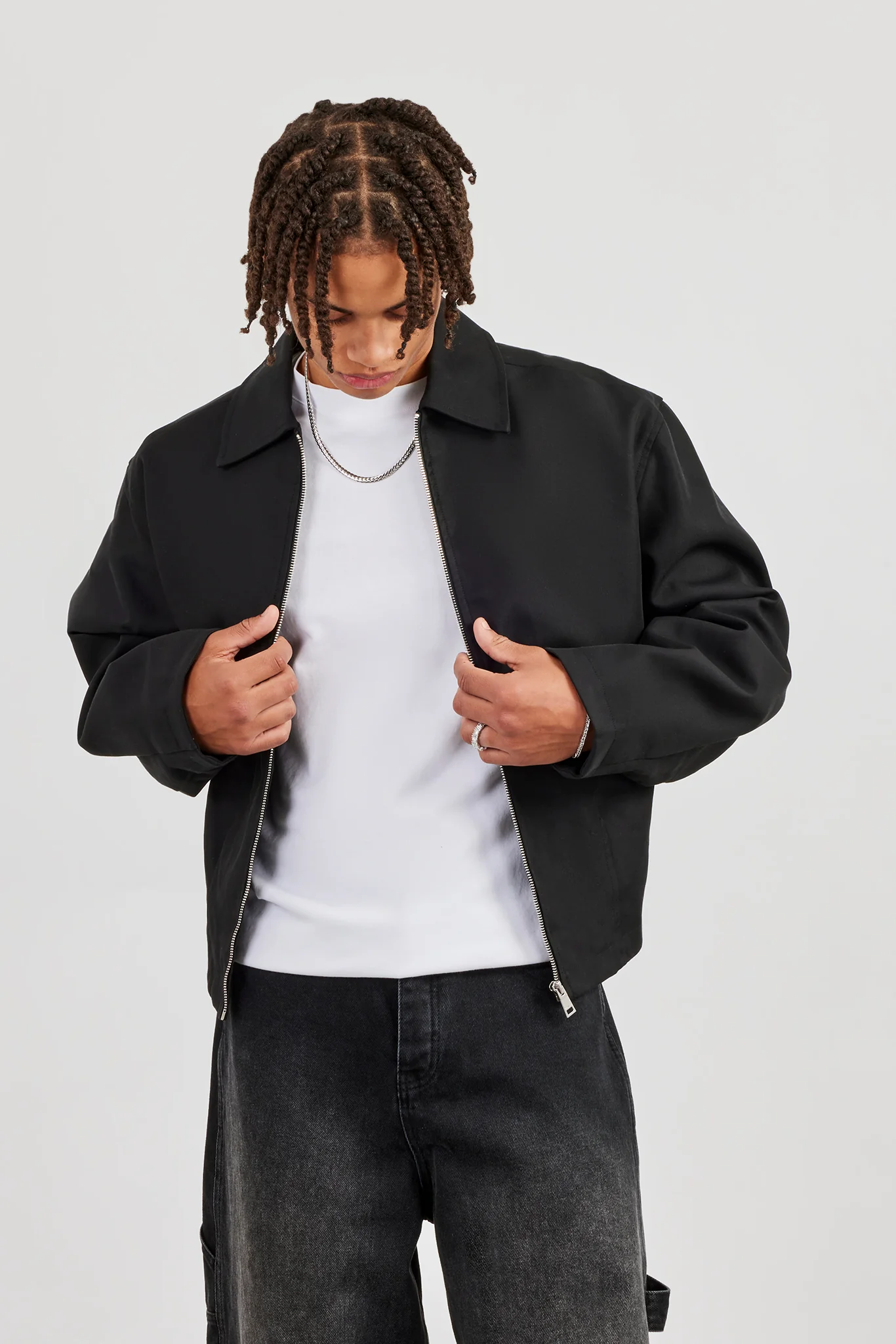 Boxy Twill Harrington Jacket - Black - Image 2