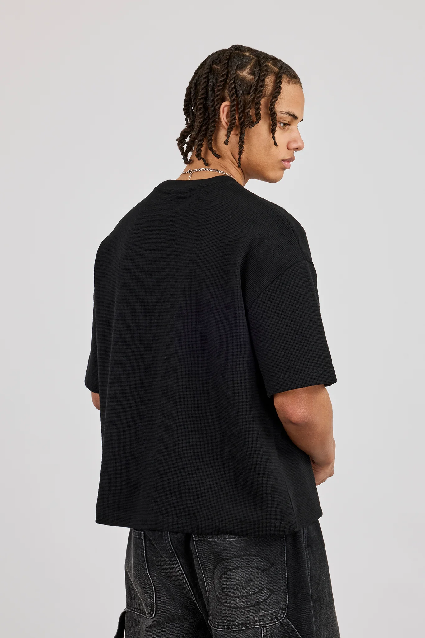 Boxy Waffle Print T-Shirt - Black - Image 3