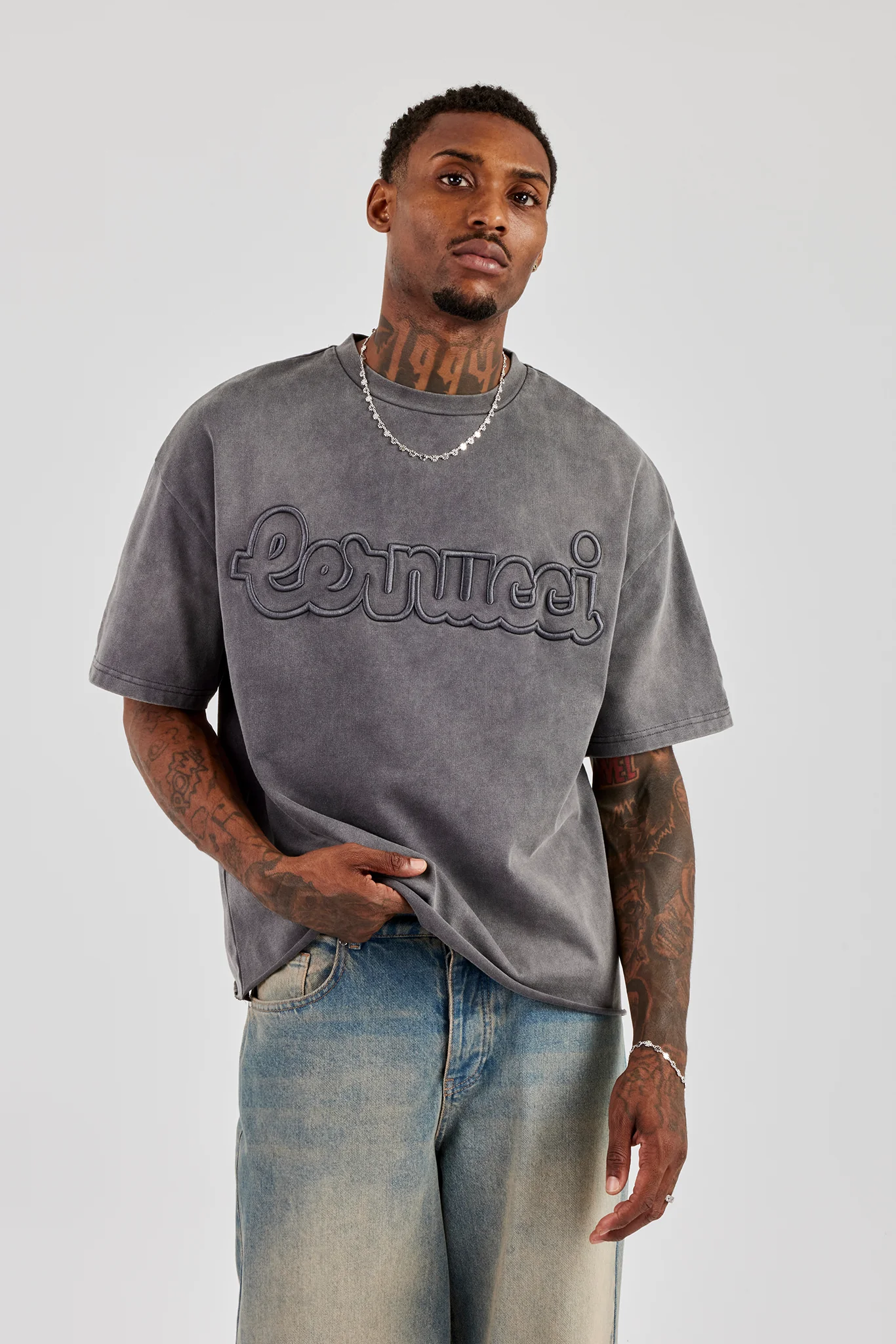 Boxy Washed Embroidered T-Shirt - Grey - Image 2