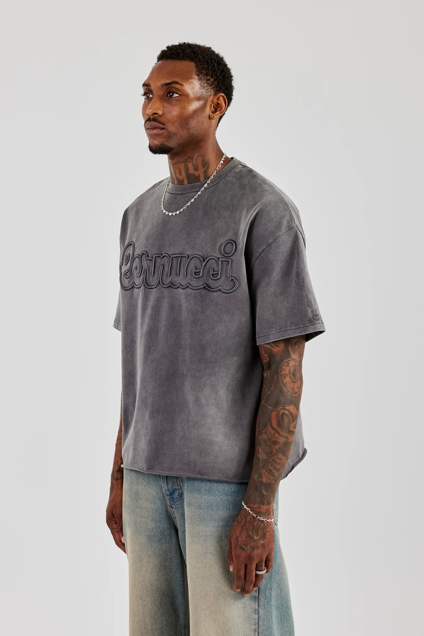 Boxy Washed Embroidered T-Shirt - Grey - Image 3