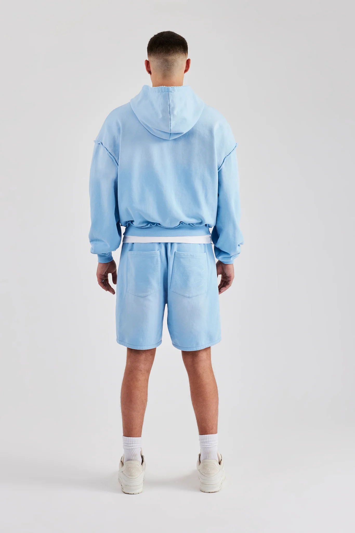 Boxy Washed Raw Edge Zip Through Hoodie & Jort - Light Blue - Image 3