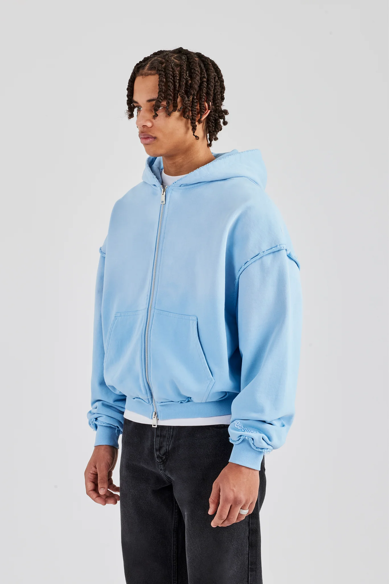 Boxy Washed Raw Edge Zip Through Hoodie - Light Blue - Image 3