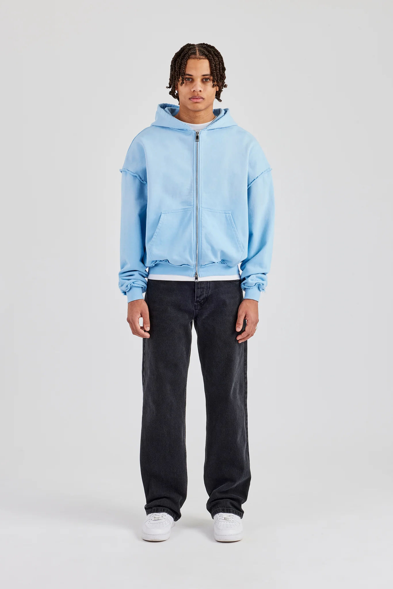 Boxy Washed Raw Edge Zip Through Hoodie - Light Blue - Image 4
