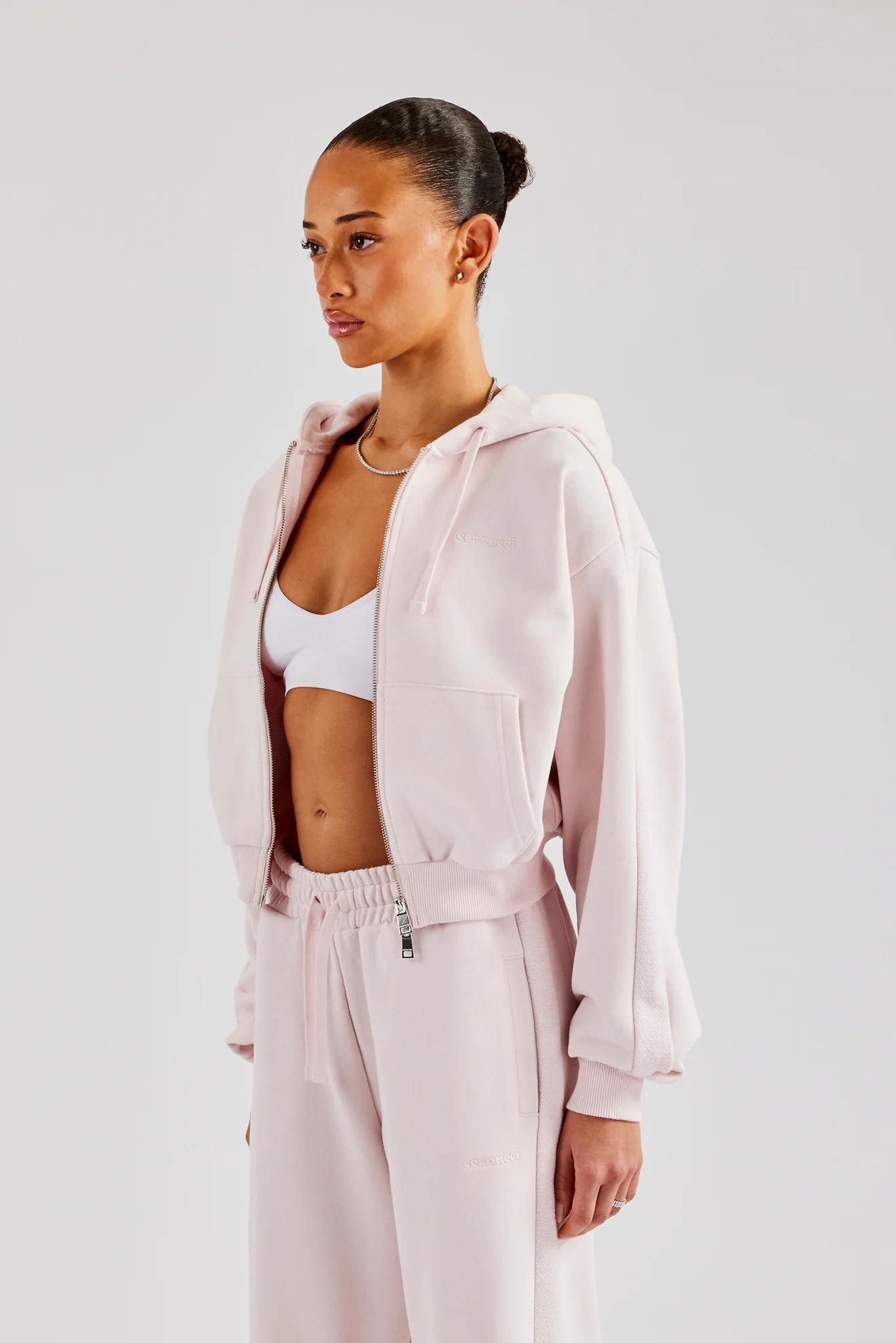 Boxy Zip Through Panelled Hoodie - Pink - Image 3