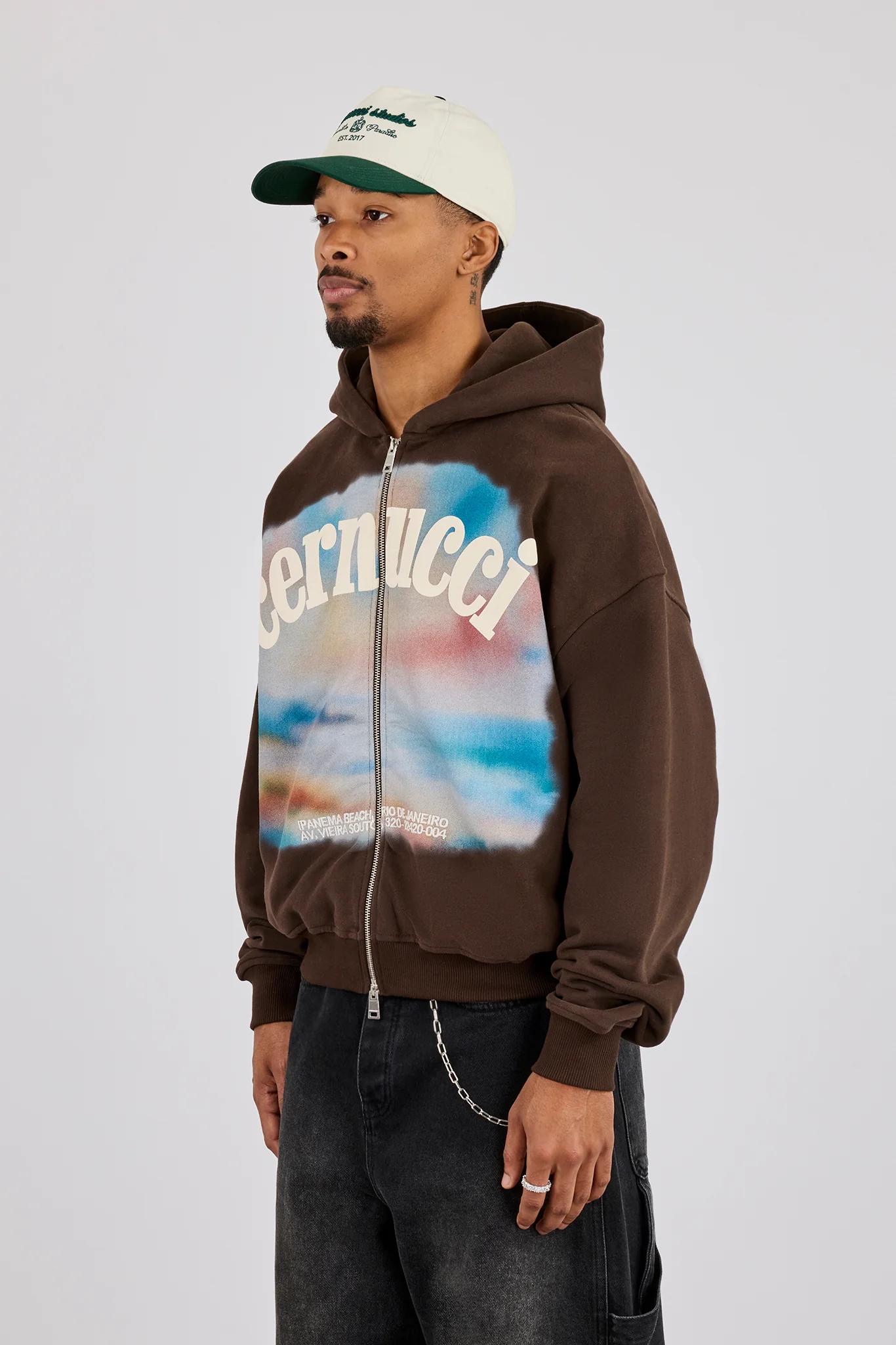 Boxy Zip Through Printed Hoodie - Chocolate - Image 2