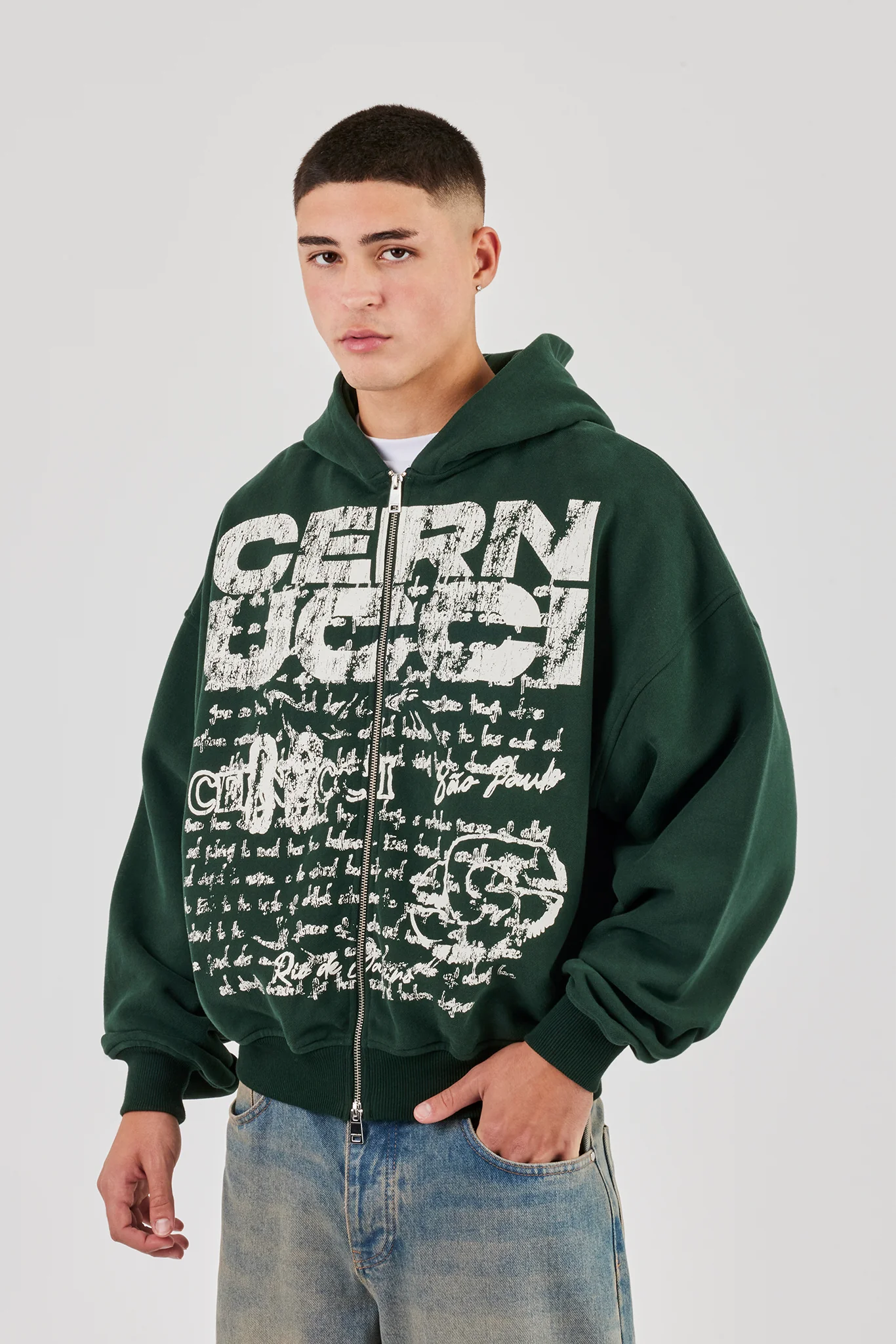Boxy Zip Through Printed Hoodie - Forest Green