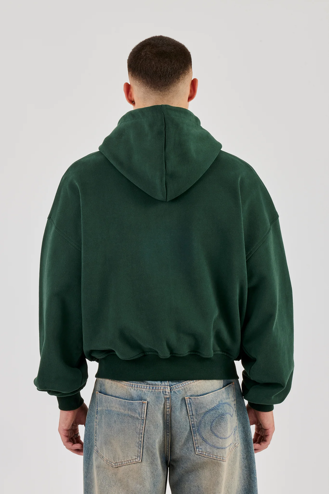Boxy Zip Through Printed Hoodie - Forest Green - Image 3