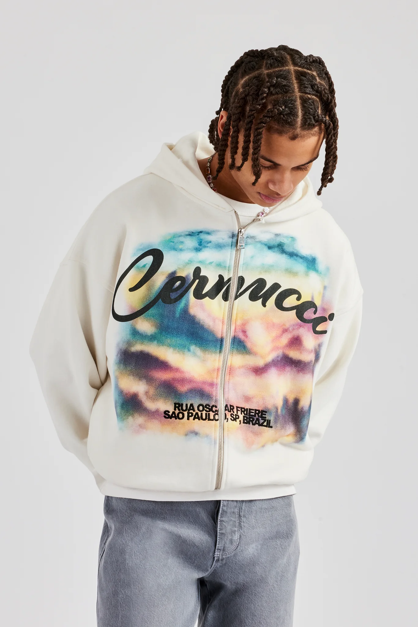 Boxy Zip Through Printed Hoodie - Off White - Image 3