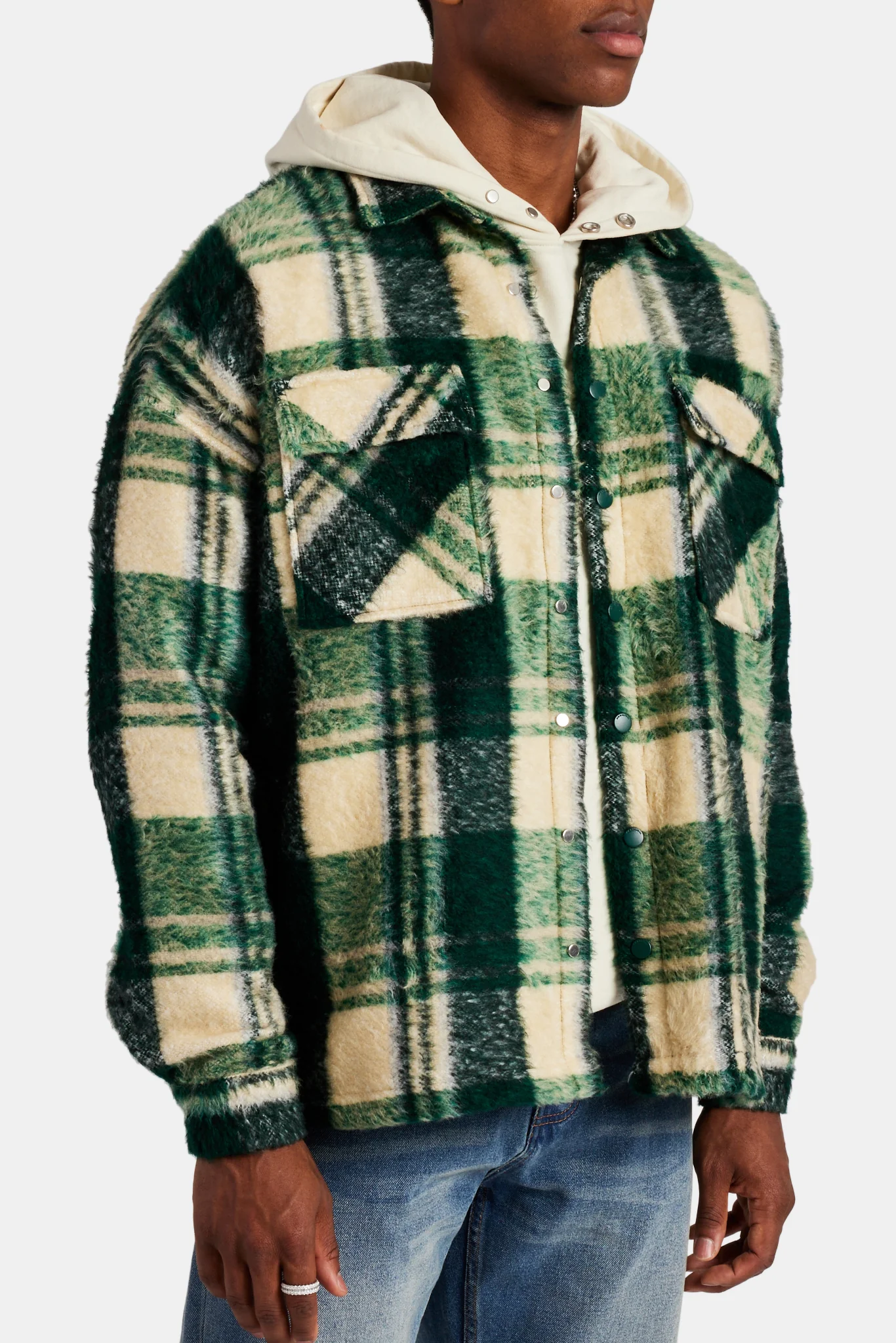 Brushed Check Lined Overshirt - Green - Image 4