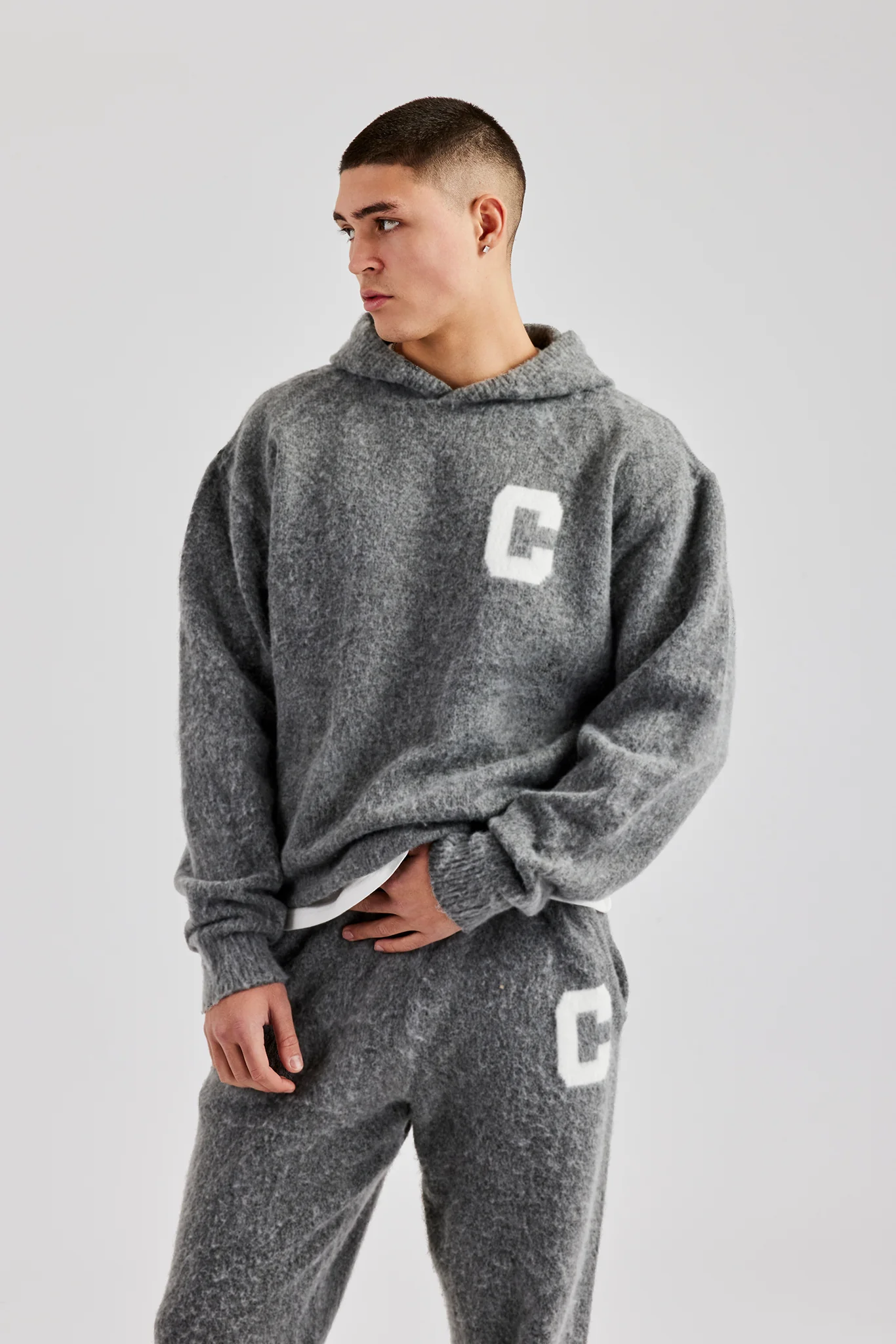 Brushed Knit Oversized Knitted Hoodie - Charcoal - Image 3