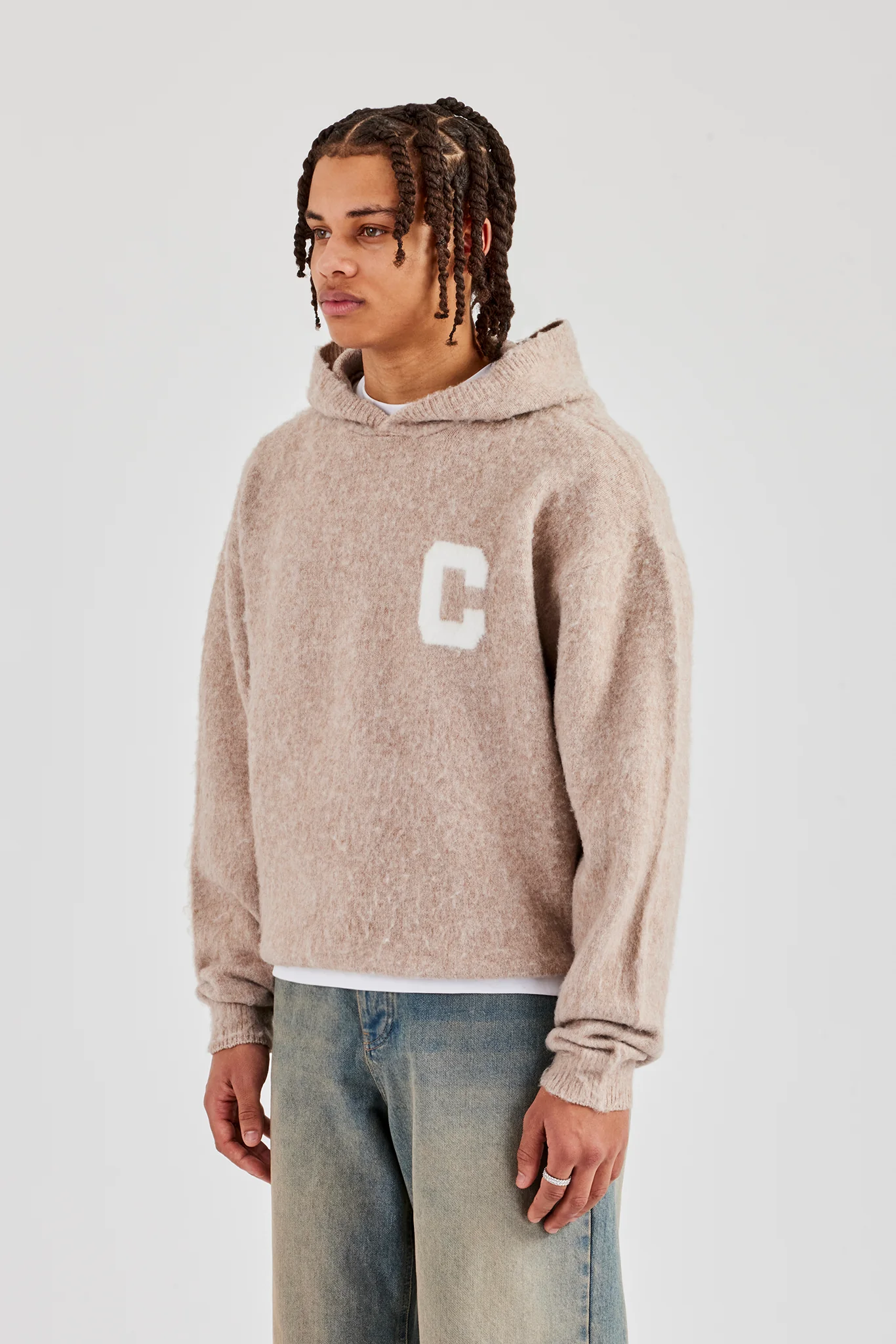 Brushed Knit Oversized Knitted Hoodie - Stone - Image 11