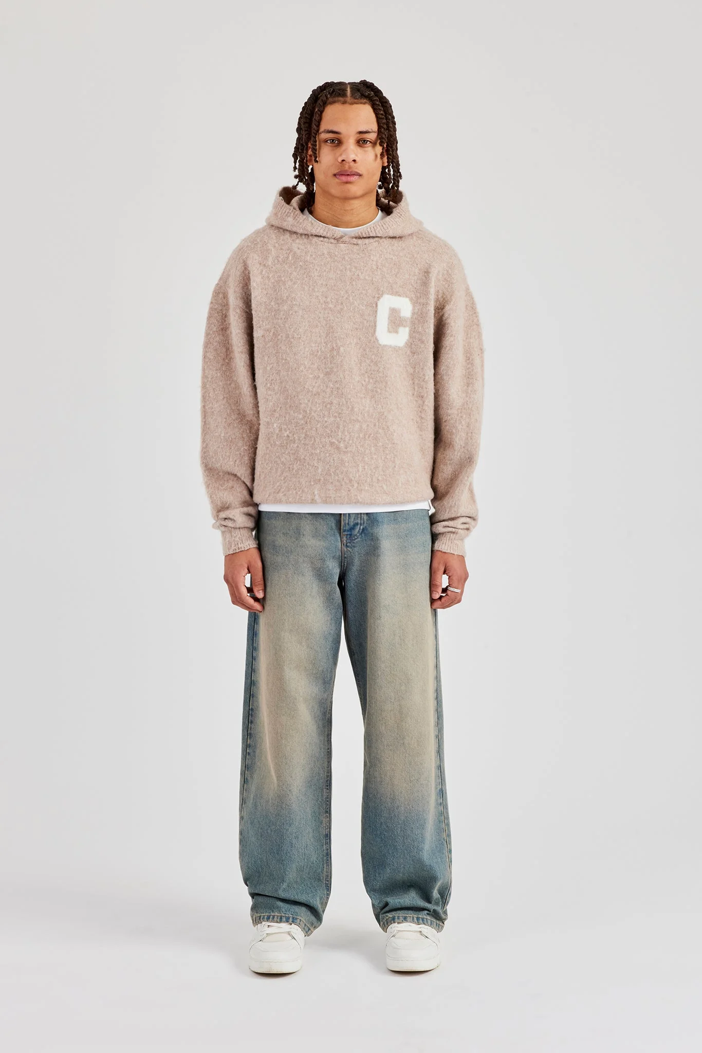 Brushed Knit Oversized Knitted Hoodie - Stone - Image 5