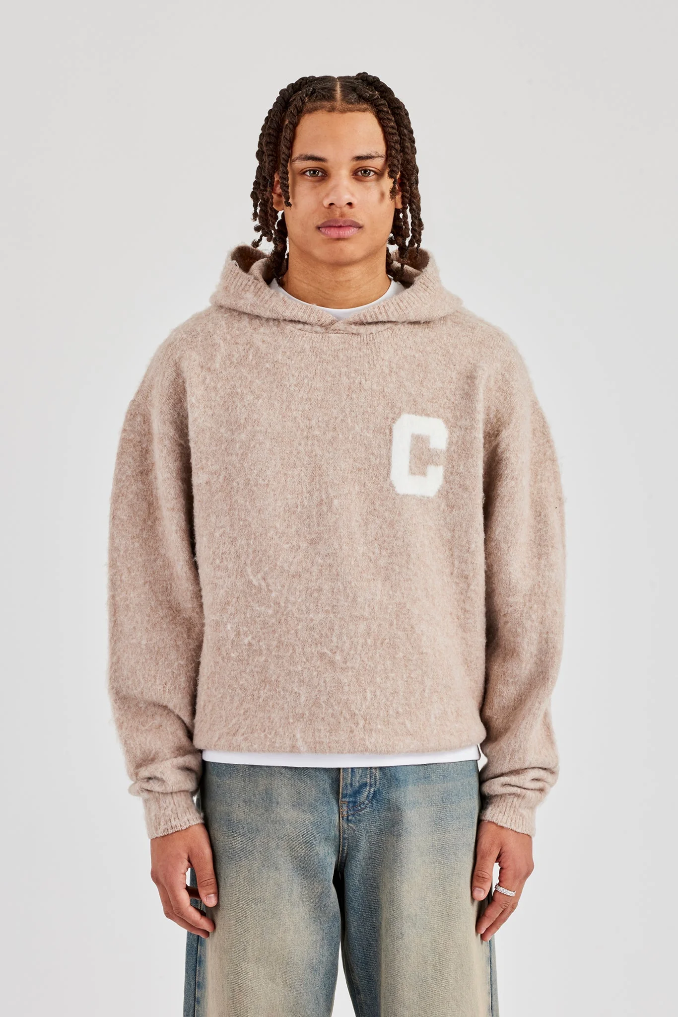 Brushed Knit Oversized Knitted Hoodie - Stone - Image 6