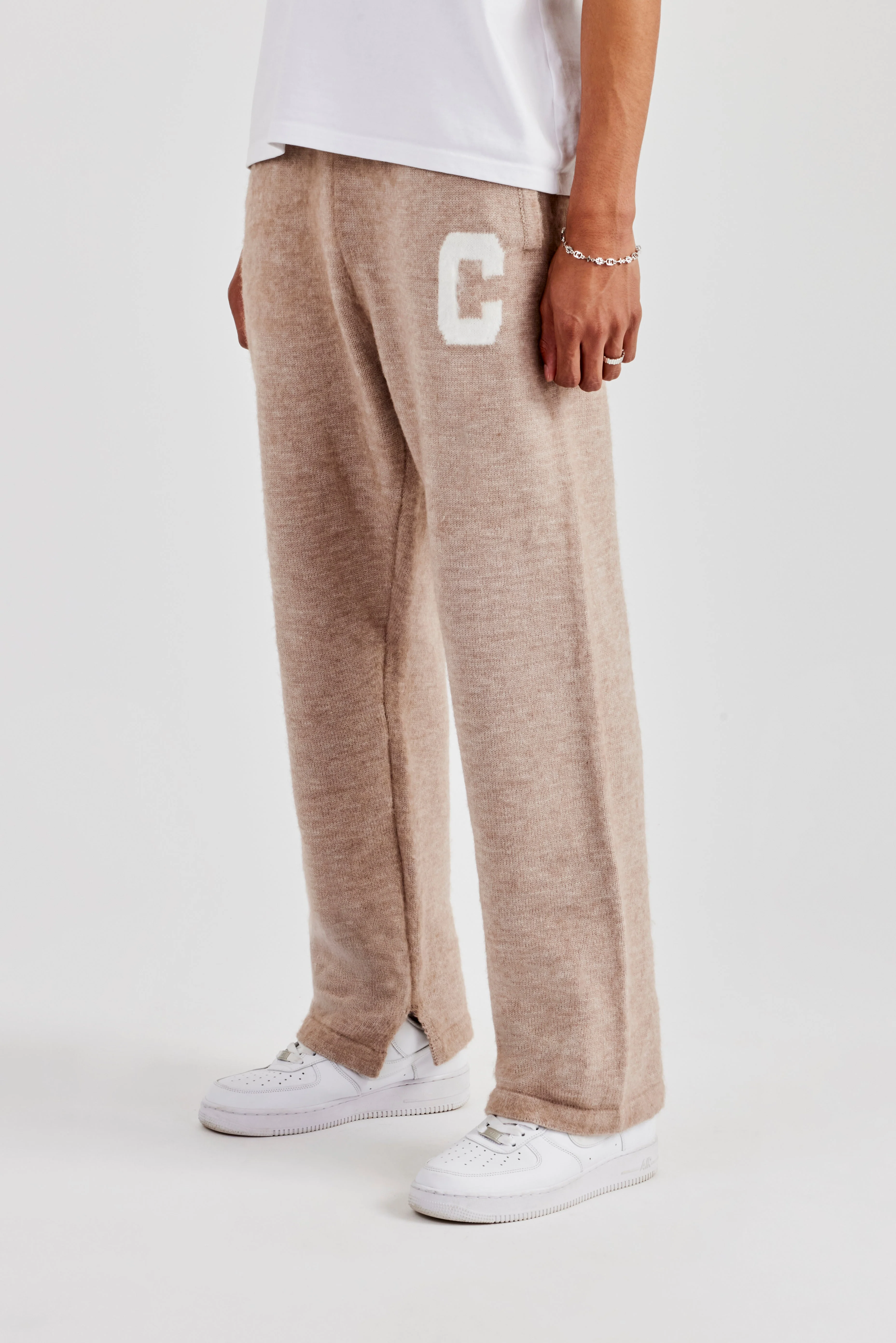 Brushed Knit Split Hem Knitted Jogger - Stone - Image 6