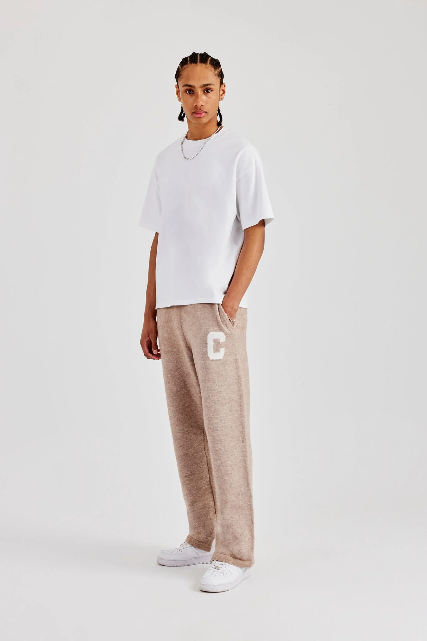 Brushed Knit Split Hem Knitted Jogger - Stone - Image 9