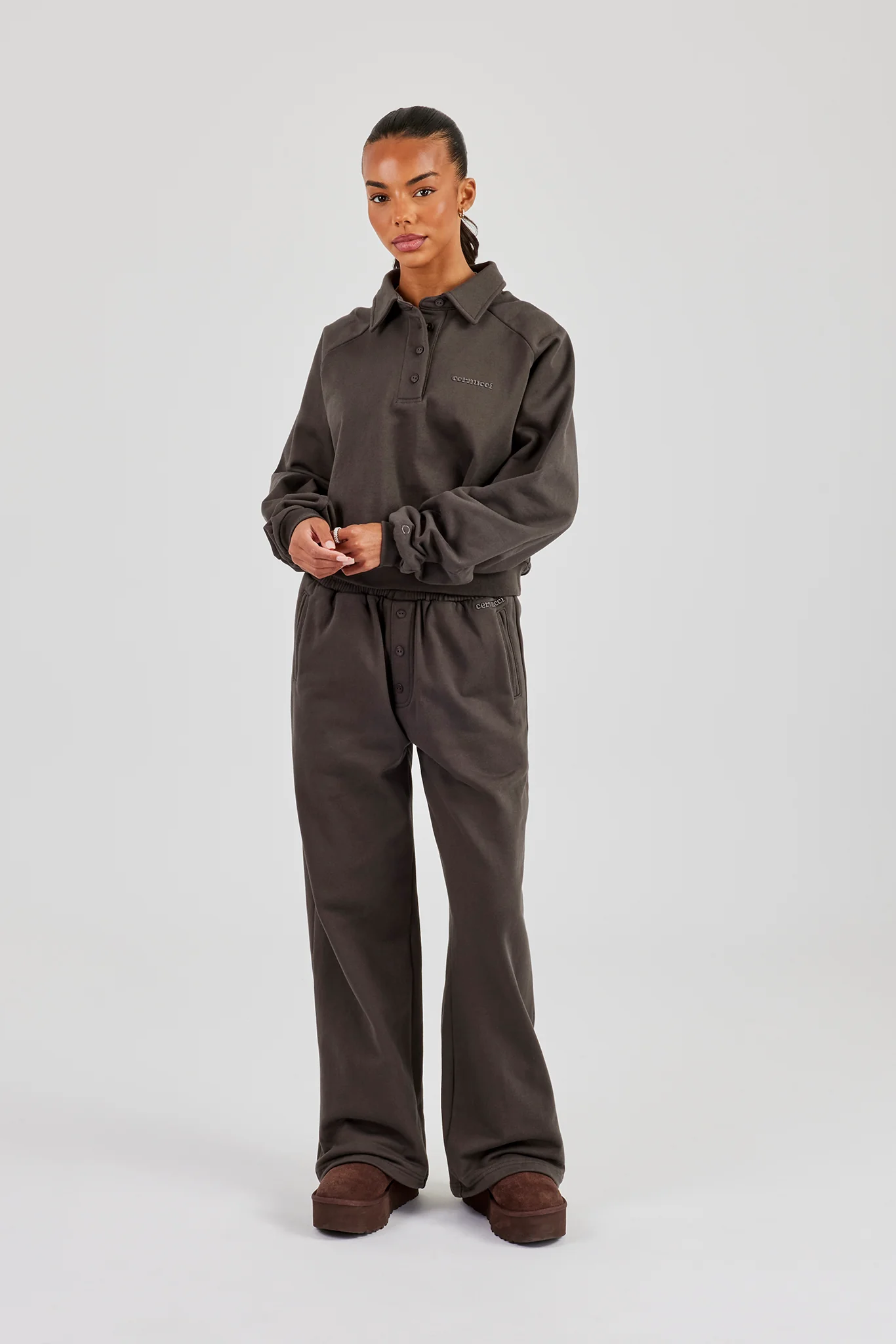Buttoned Detail Wide Leg Jogger - Coffee - Image 3