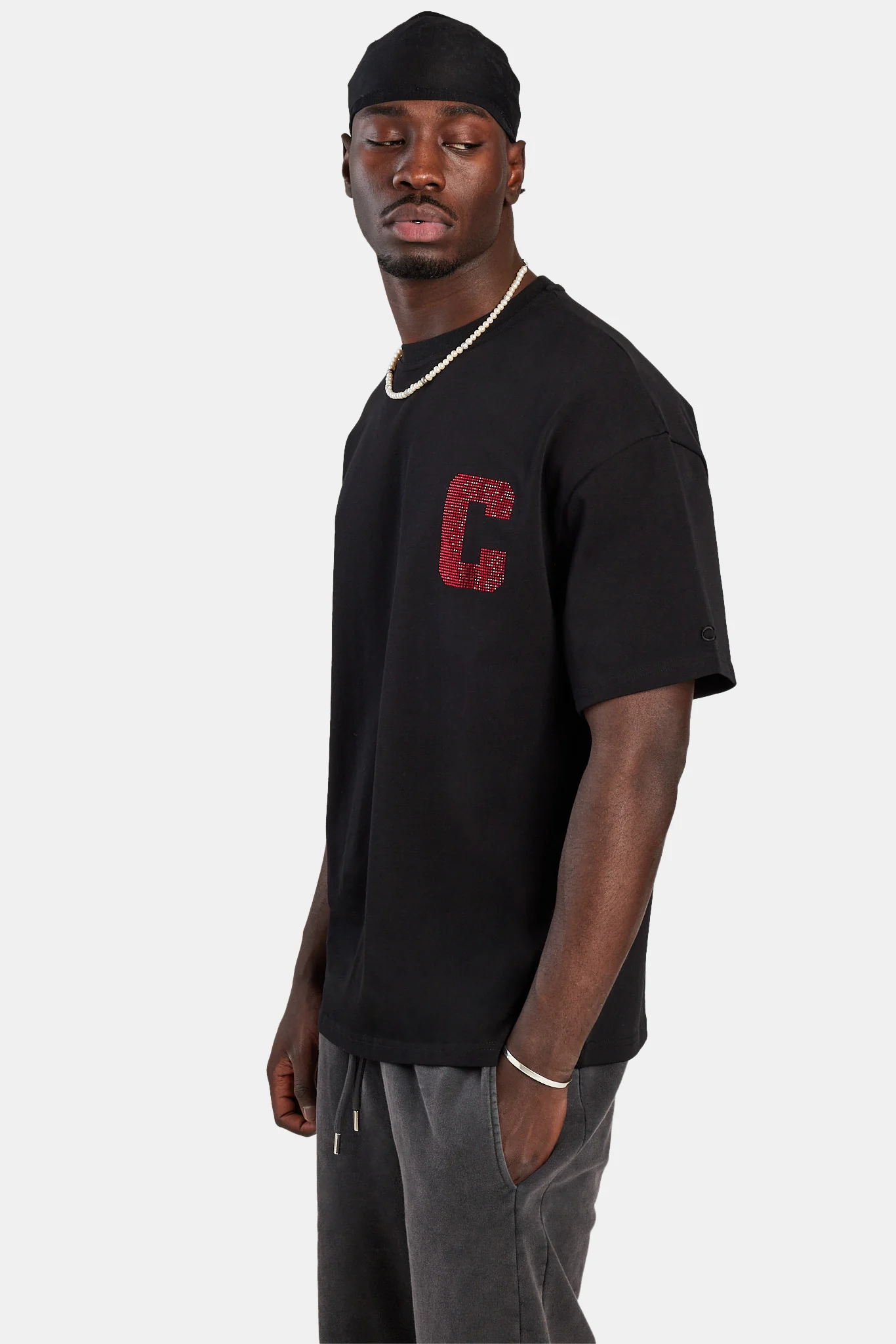 C Rhinestone Oversized T-Shirt - Black - Image 3