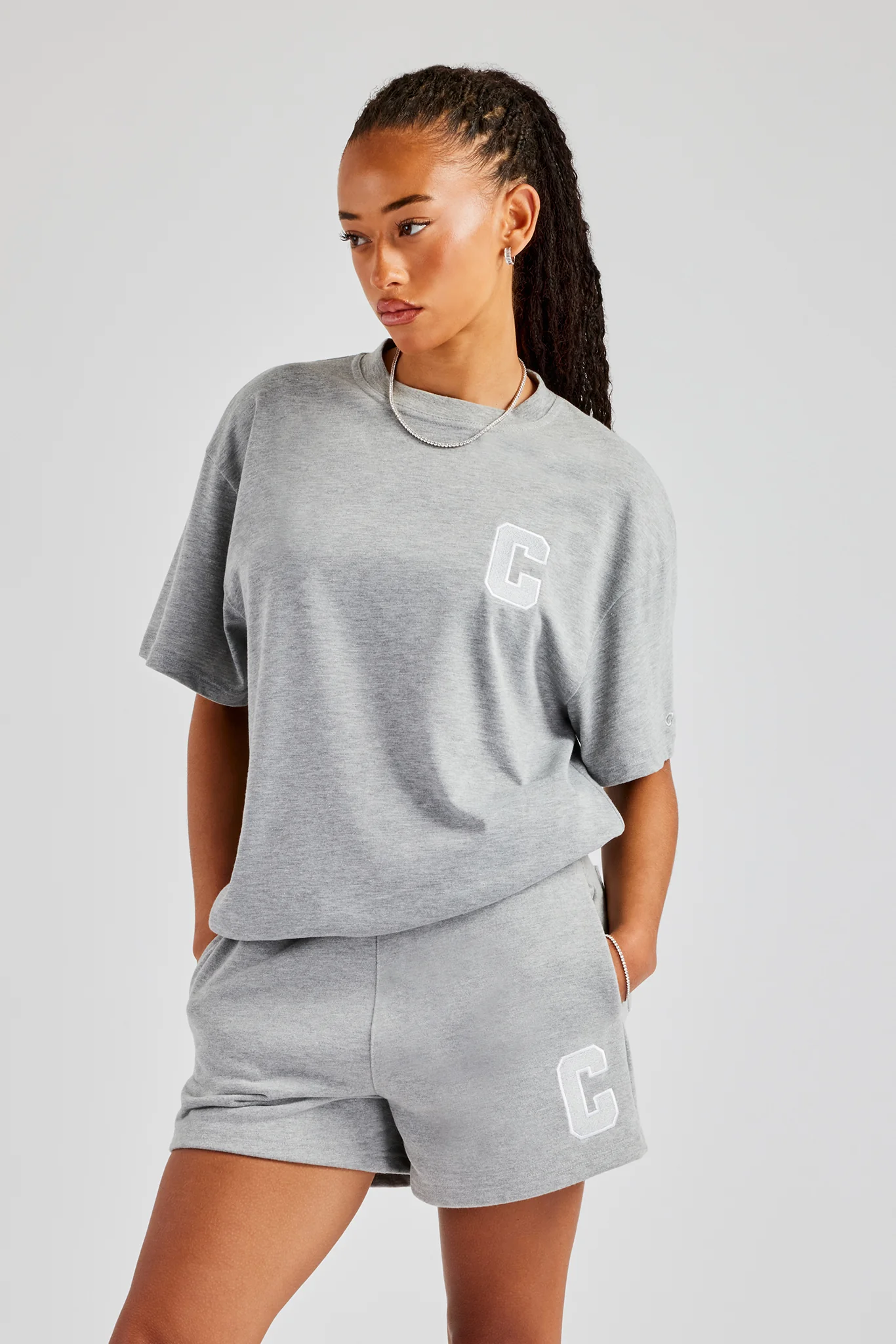 C Embroidered Oversized T-Shirt & Short Set - Grey Marl - Image 3