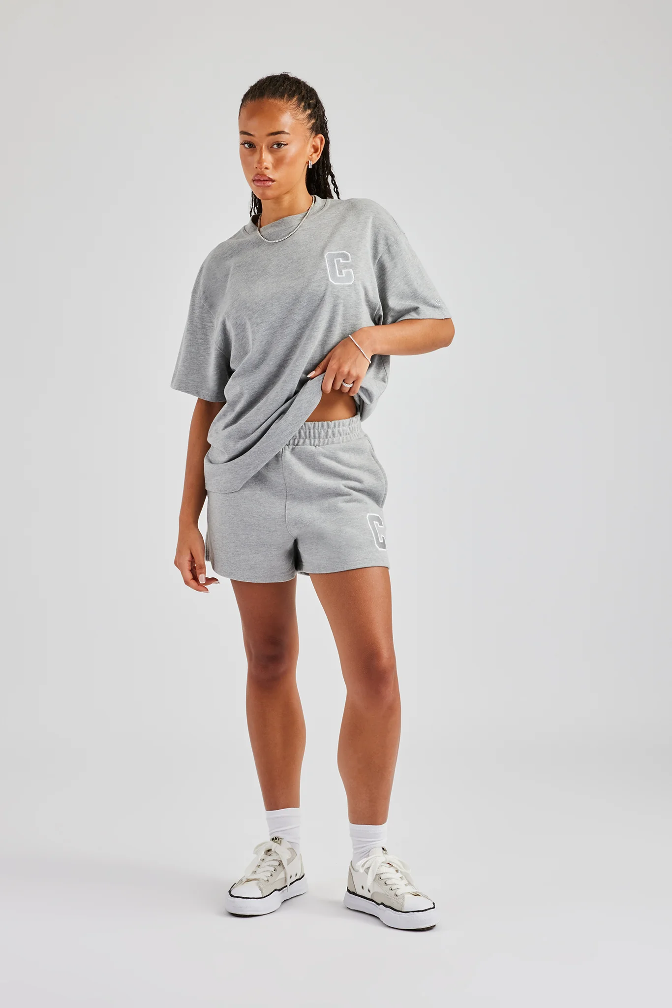 C Embroidered Oversized T-Shirt & Short Set - Grey Marl - Image 4