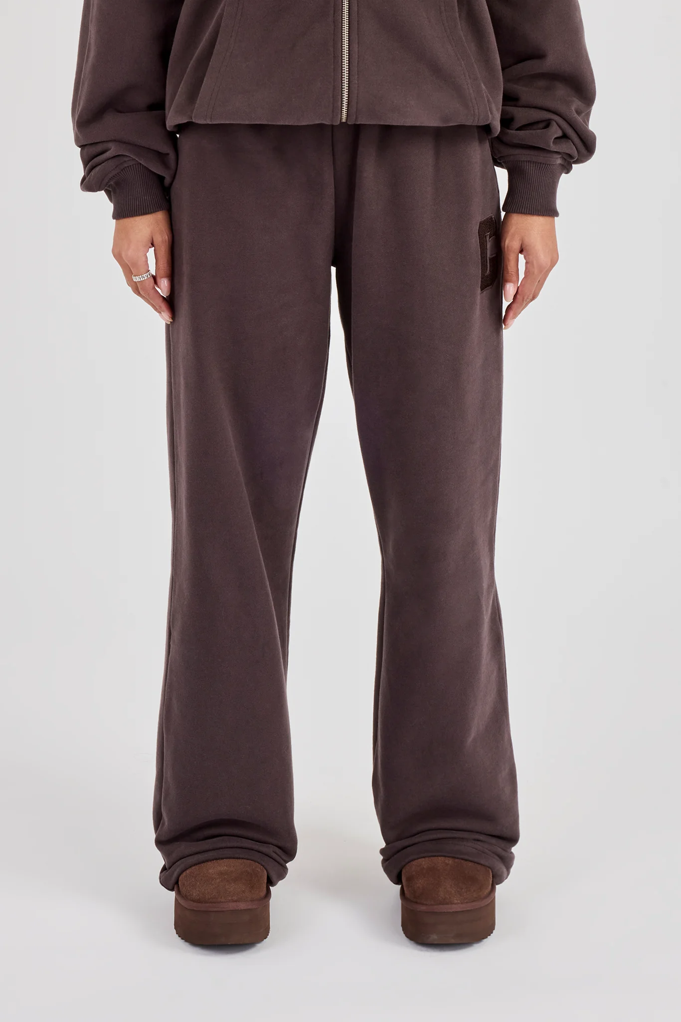 C Embroidered Wide Leg Jogger - Coffee - Image 2