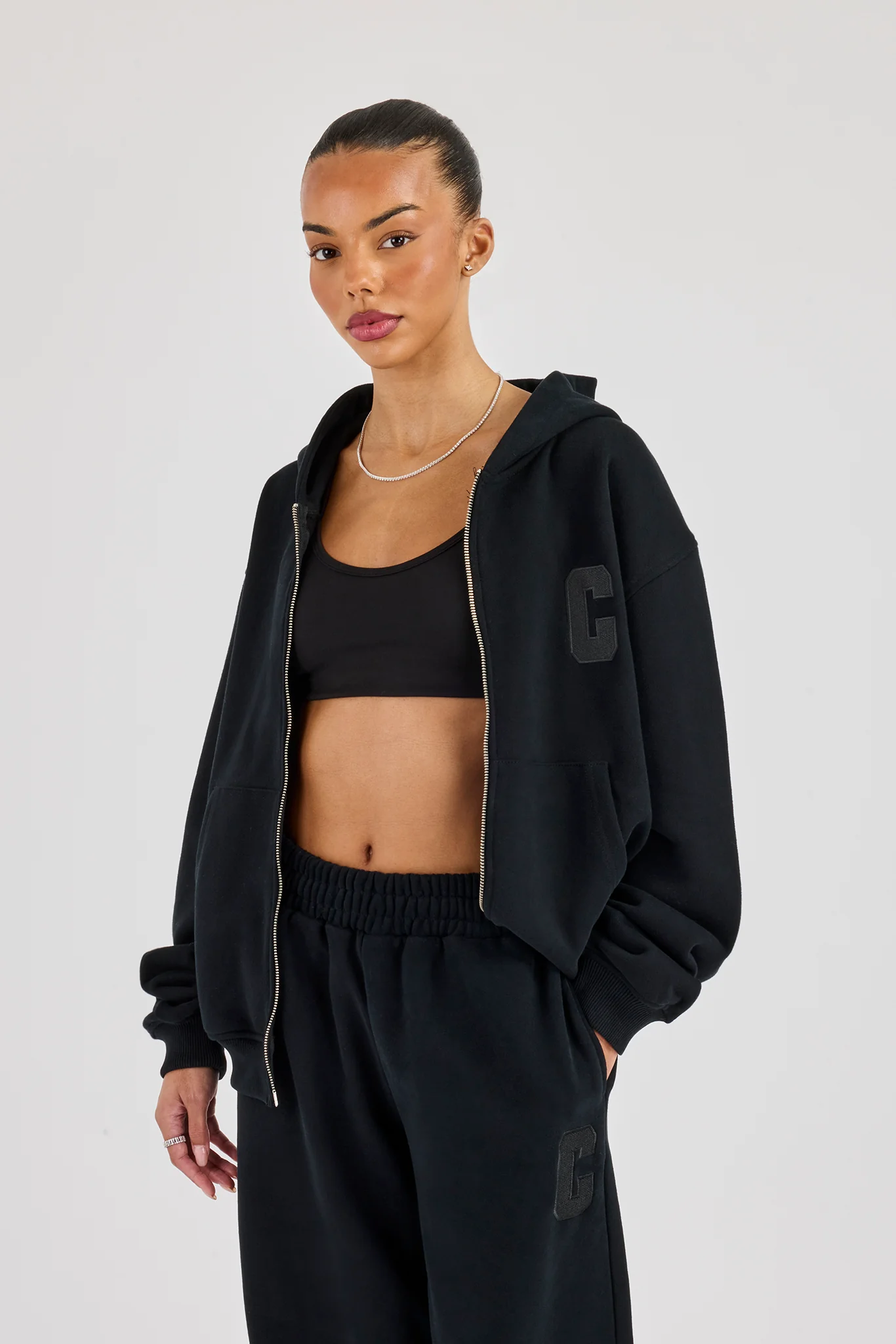 C Embroidered Zip Through Hoodie - Black - Image 4