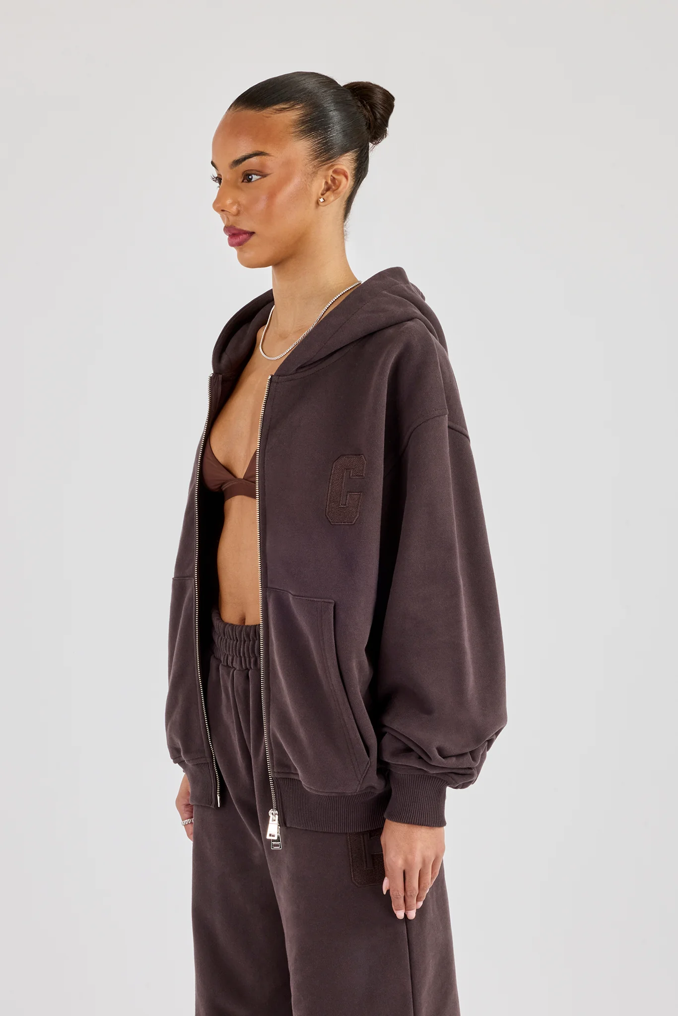 C Embroidered Zip Through Hoodie - Coffee - Image 4