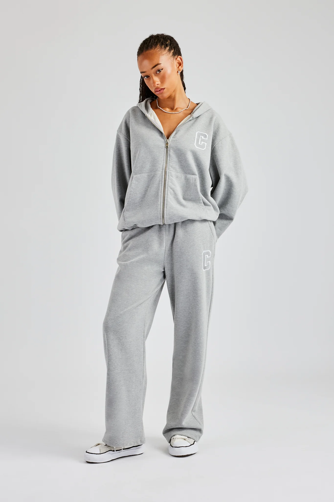 C Embroidered Zip Through Hoodie - Grey Marl - Image 4